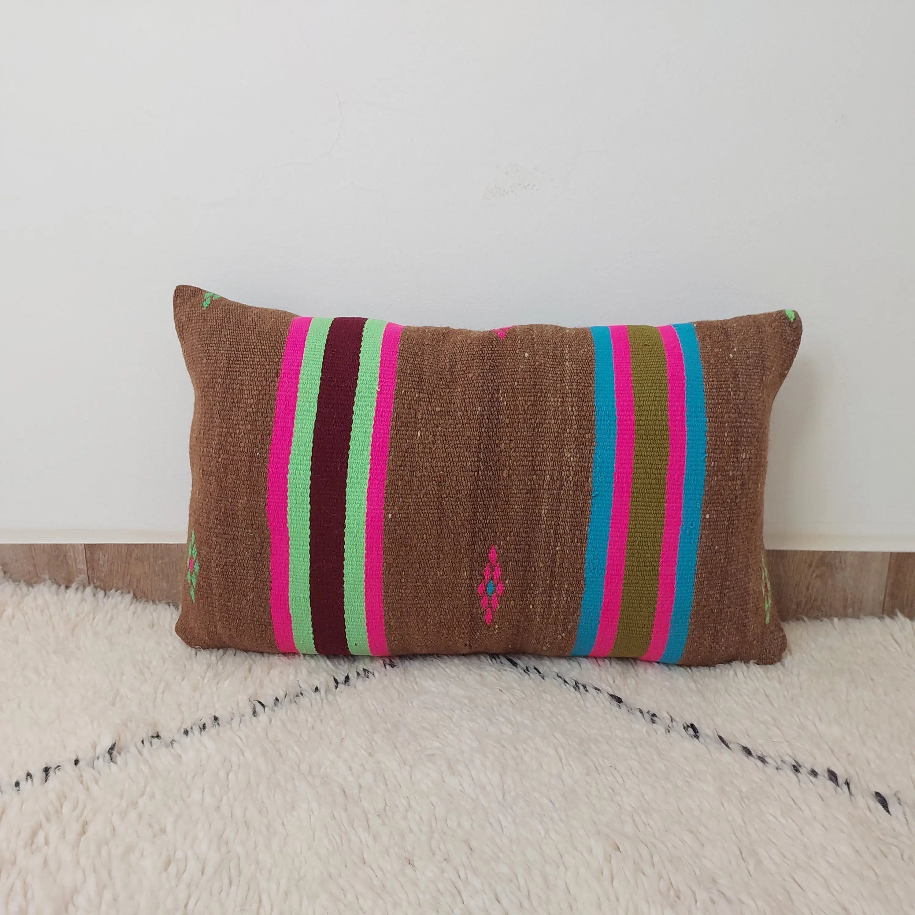 Set of 3 Vintage Boujaad Kilim Lumbar Pillow Covers 38x60 cm | Handwoven Brown Wool MoroccanBazzArts