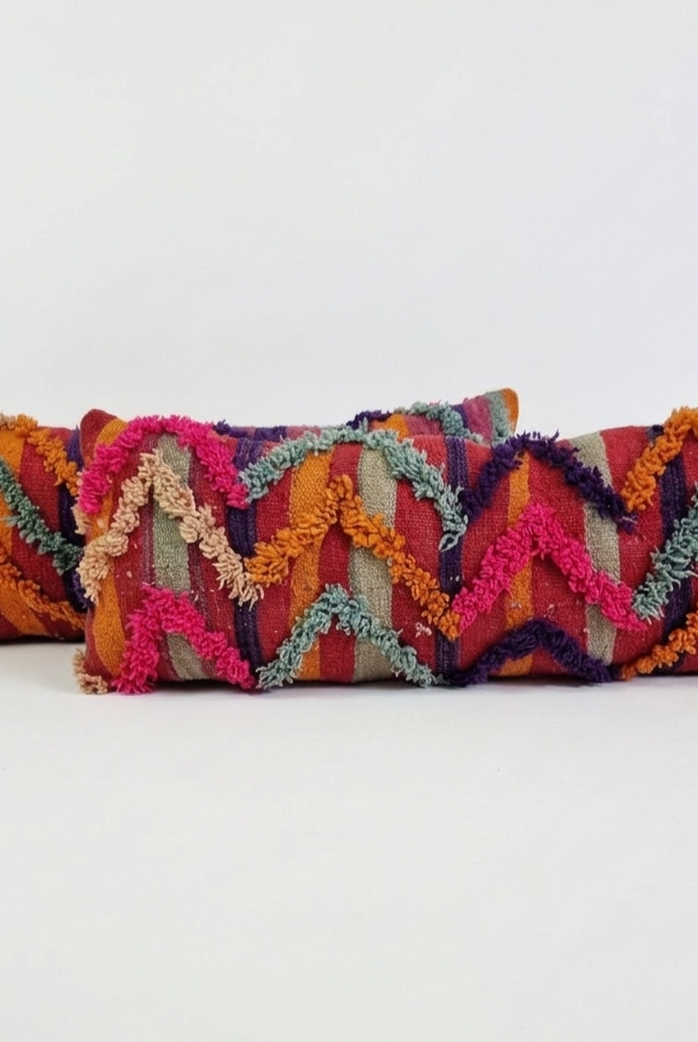 Vintage Authentic Talsint Lumbar Pillow Cover 13"x31" | Colorful Moroccan Berber knotted Cushion | Handmade Boho Decor MoroccanBazzArts.