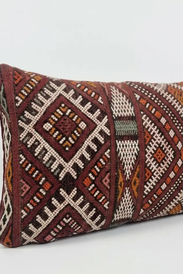 Authentic Moroccan Kilim Lumbar Pillow Cover 12x21" | Burgundy Geometric Boho Cushion | Handwoven Berber Tribal Throw Pillow 32x55cm MoroccanBazzArts