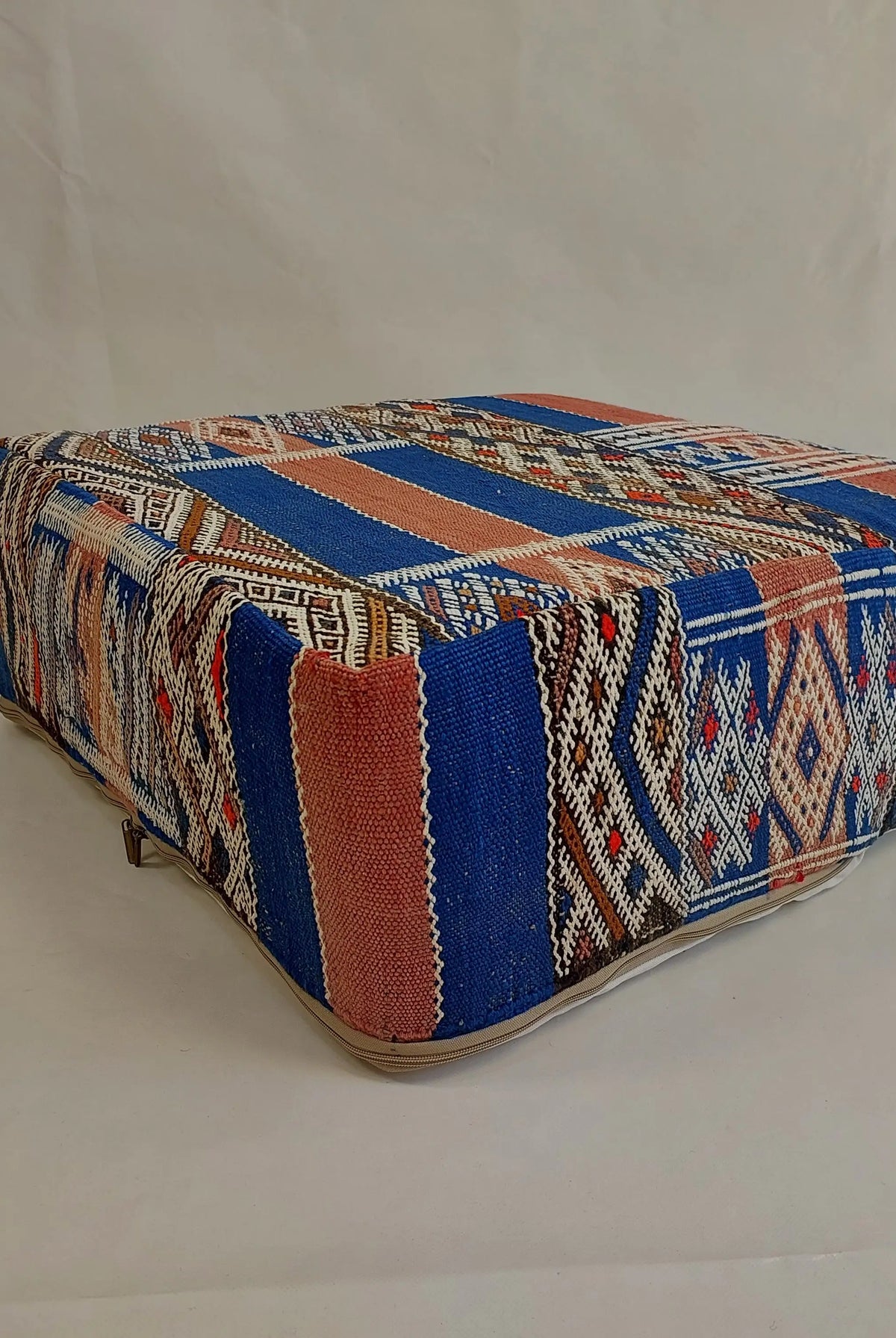 Vintage Berber Kilim Square Pouf – Authentic Moroccan Blue Ottoman & Boho Floor Pillow MoroccanBazzArts