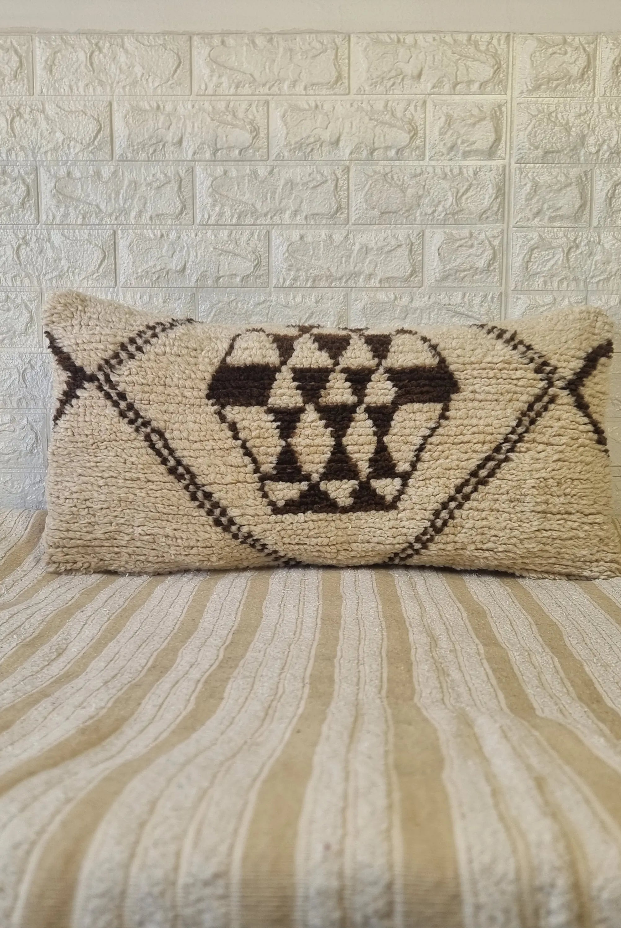 Authentic Moroccan Wool Lumbar Pillow Cover 35x70 cm | Natural Azilal Geometric Cushion | Boho handwoven Throw Pillow Case MoroccanBazzArts
