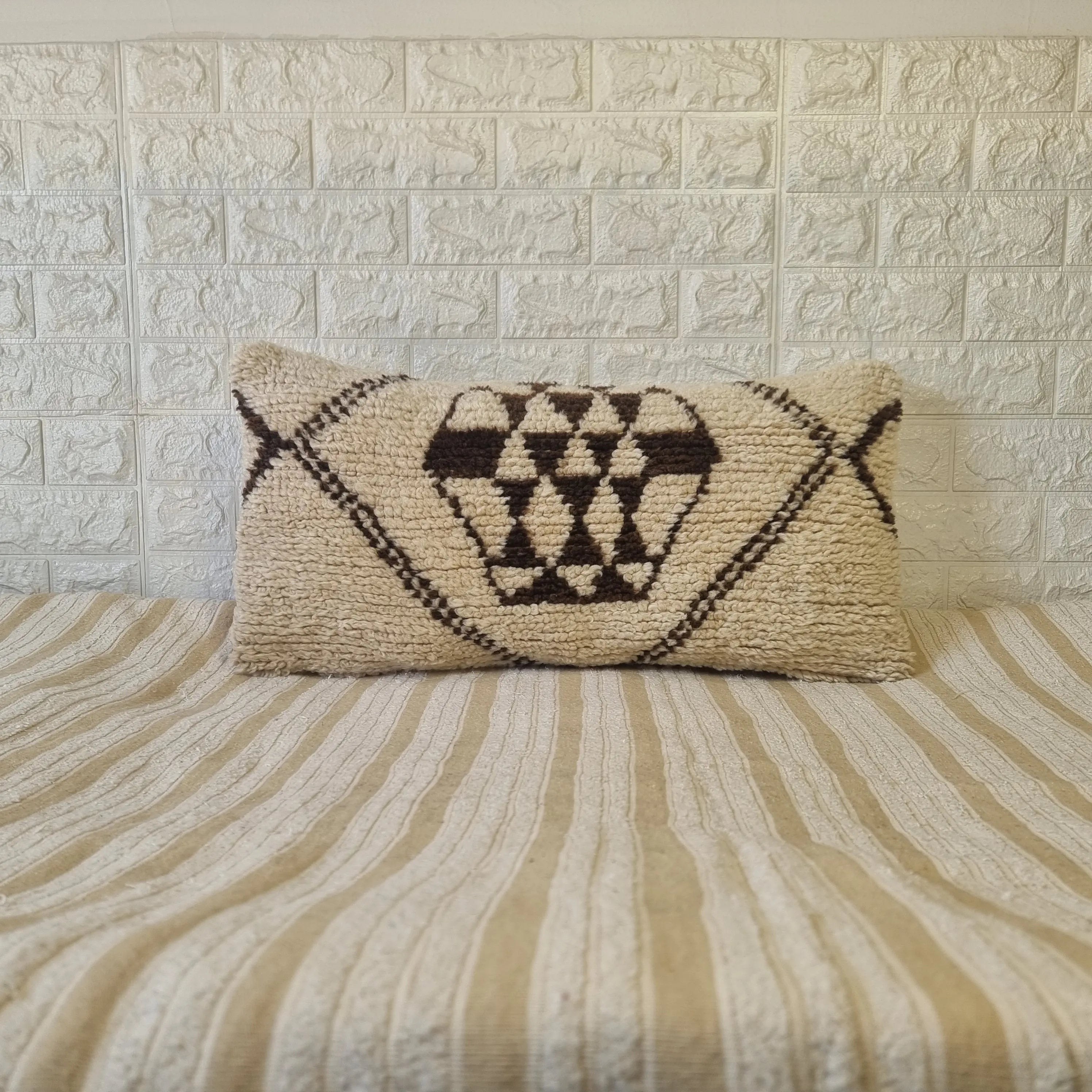 Authentic Moroccan Wool Lumbar Pillow Cover 35x70 cm | Natural Azilal Geometric Cushion | Boho handwoven Throw Pillow Case MoroccanBazzArts