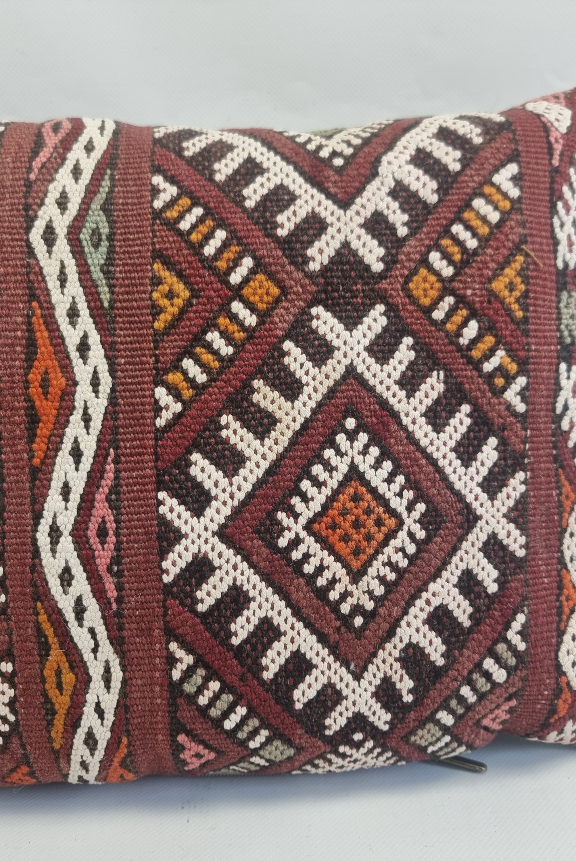 Authentic Moroccan Kilim Lumbar Pillow Cover 12x22" | Burgundy Geometric Boho Cushion | Handwoven Berber Tribal Throw Pillow 32x58cm MoroccanBazzArts