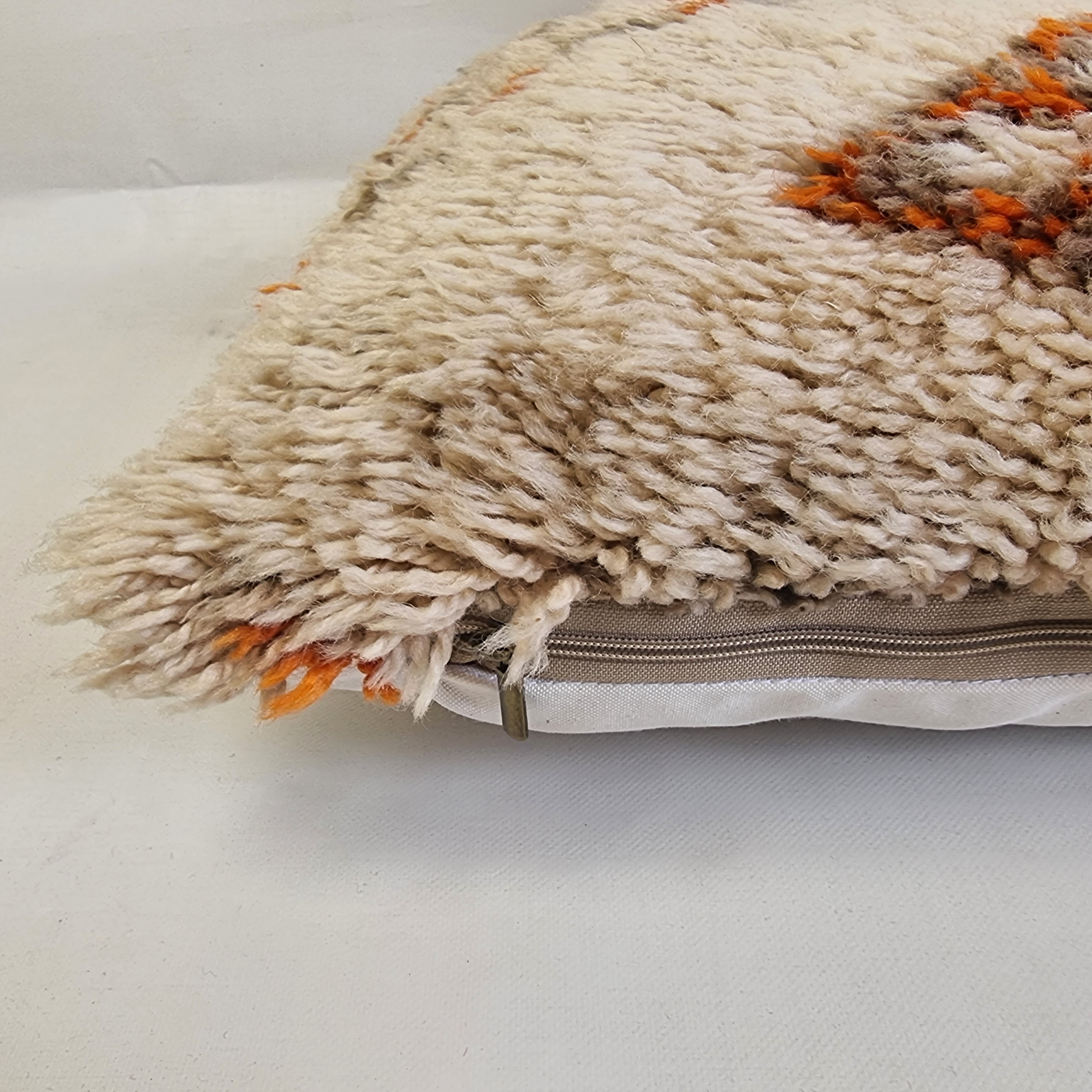 Authentic Vintage Beni Ourain Pillow Cover | Ivory, Orange & Gray (16" x 25") MoroccanBazzArts