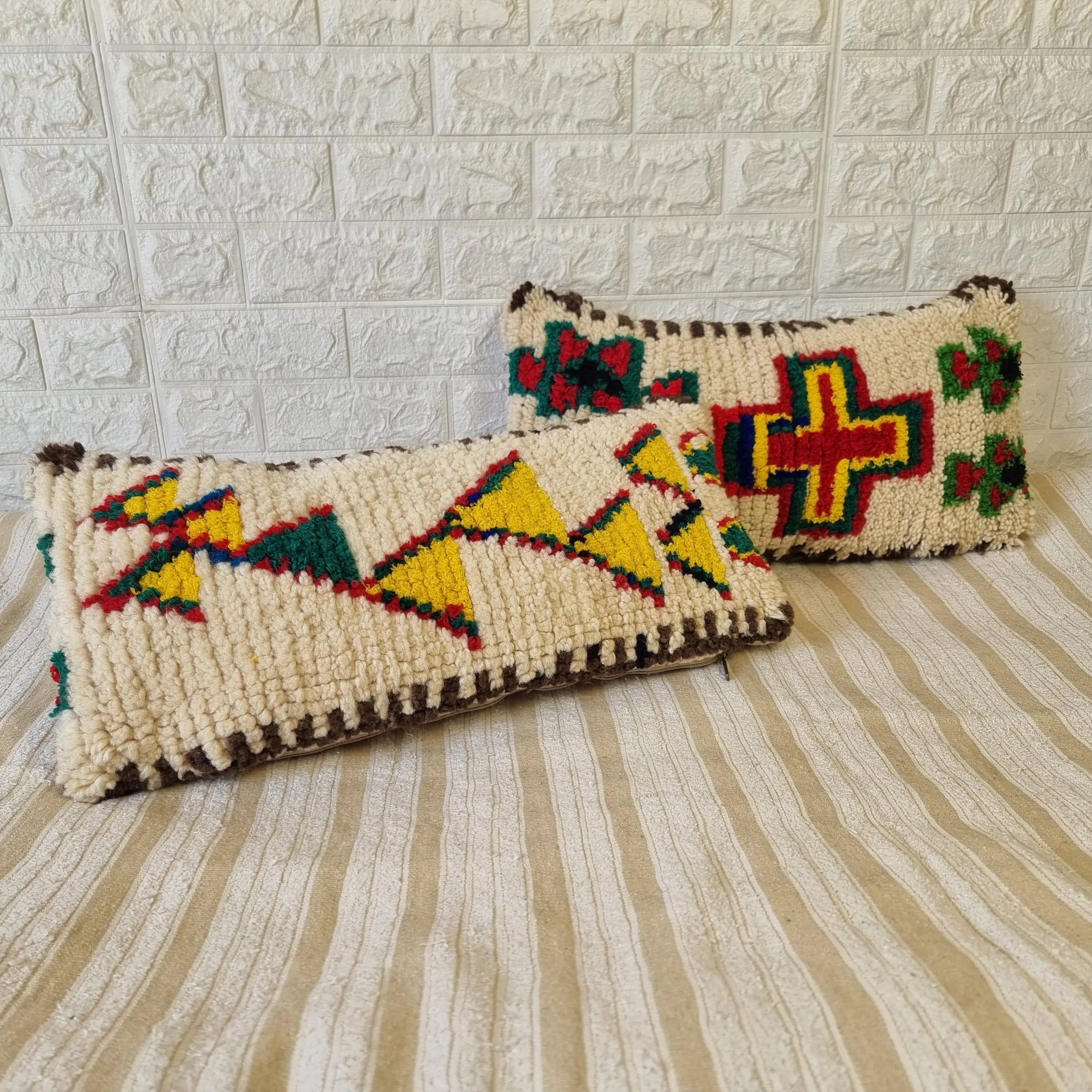 Authentic Talsint Moroccan Wool Lumbar Pillow Covers - Set of 2 (28x60 cm) | Handwoven Berber Cushion | Warm Minimalist Boho Decor MoroccanBazzArts