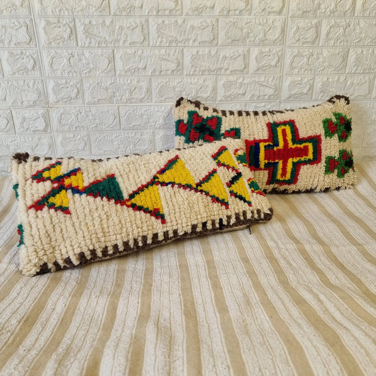 Authentic Talsint Moroccan Wool Lumbar Pillow Covers - Set of 2 (28x60 cm) | Handwoven Berber Cushion | Warm Minimalist Boho Decor MoroccanBazzArts
