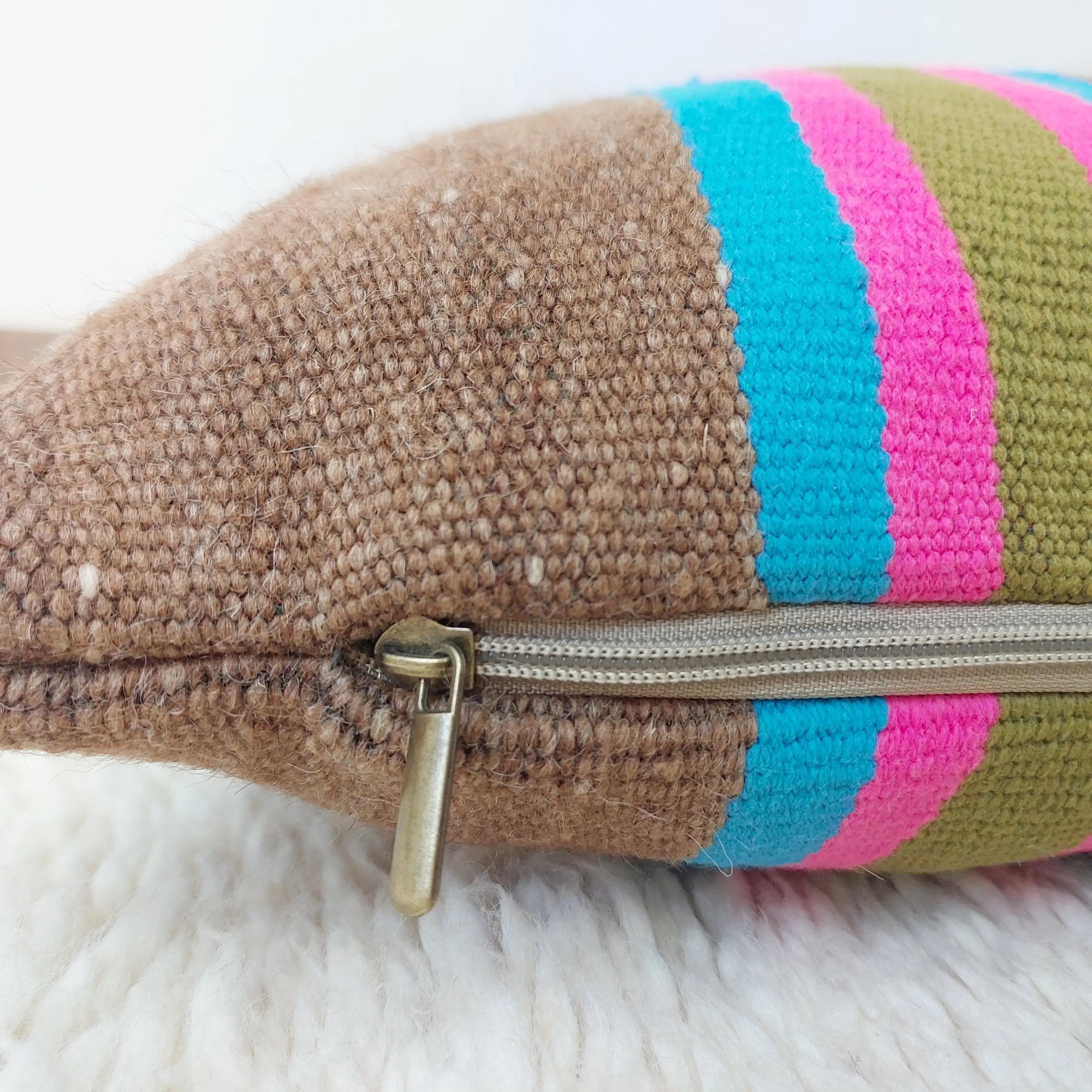 Set of 3 Vintage Boujaad Kilim Lumbar Pillow Covers 38x60 cm | Handwoven Brown Wool MoroccanBazzArts