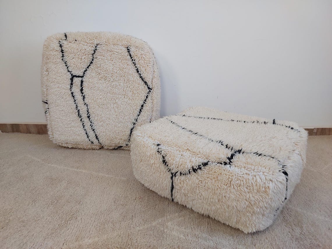 Moroccan Pouf Wool Floor Cushion: Handmade Beni Ourain Ottoman, Vintage Bohemian Wool Seat MoroccanBazzArts