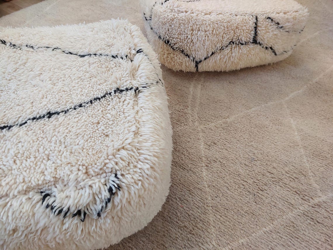Moroccan Pouf Wool Floor Cushion: Handmade Beni Ourain Ottoman, Vintage Bohemian Wool Seat MoroccanBazzArts