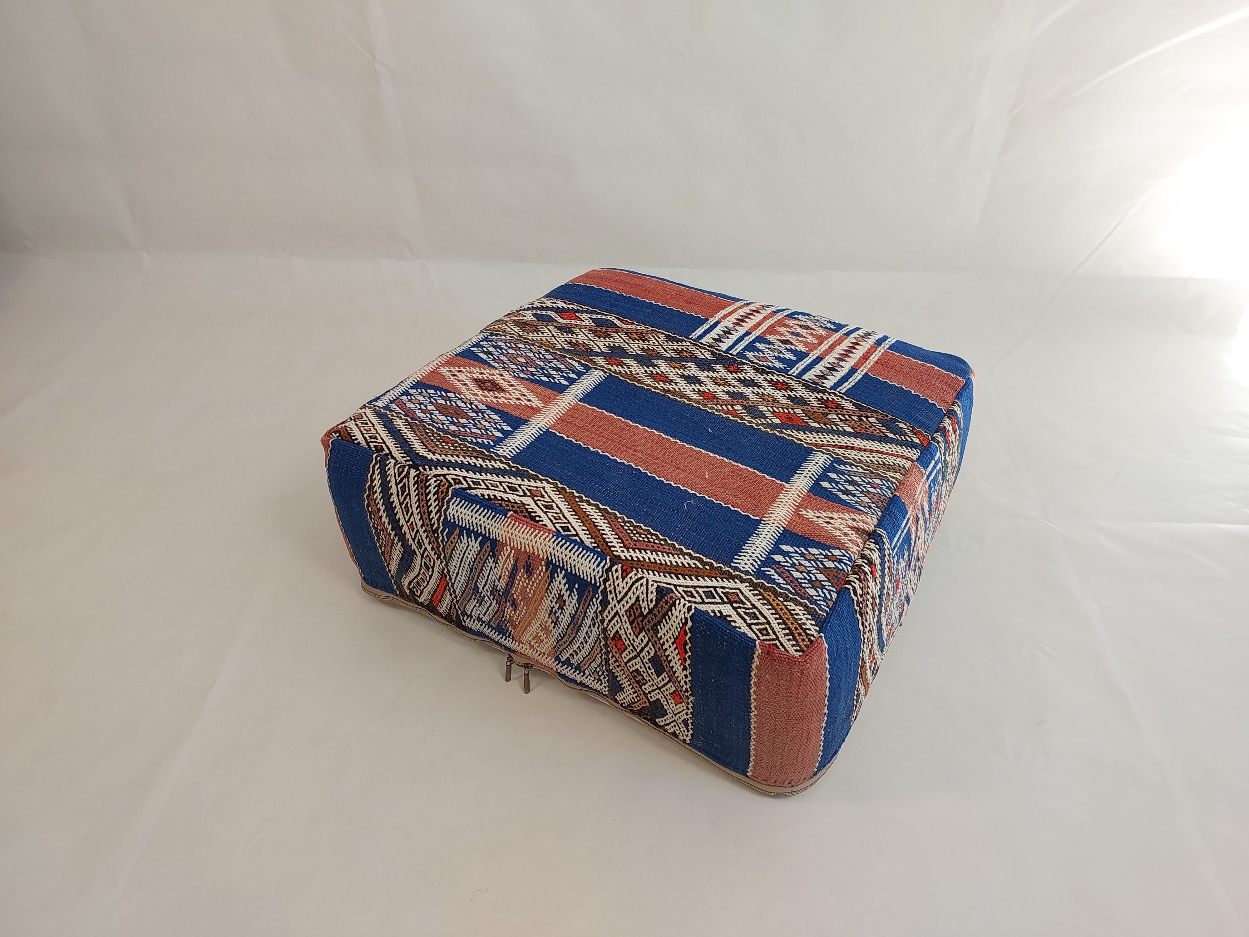 Vintage Berber Kilim Square Pouf – Authentic Moroccan Blue Ottoman & Boho Floor Pillow MoroccanBazzArts