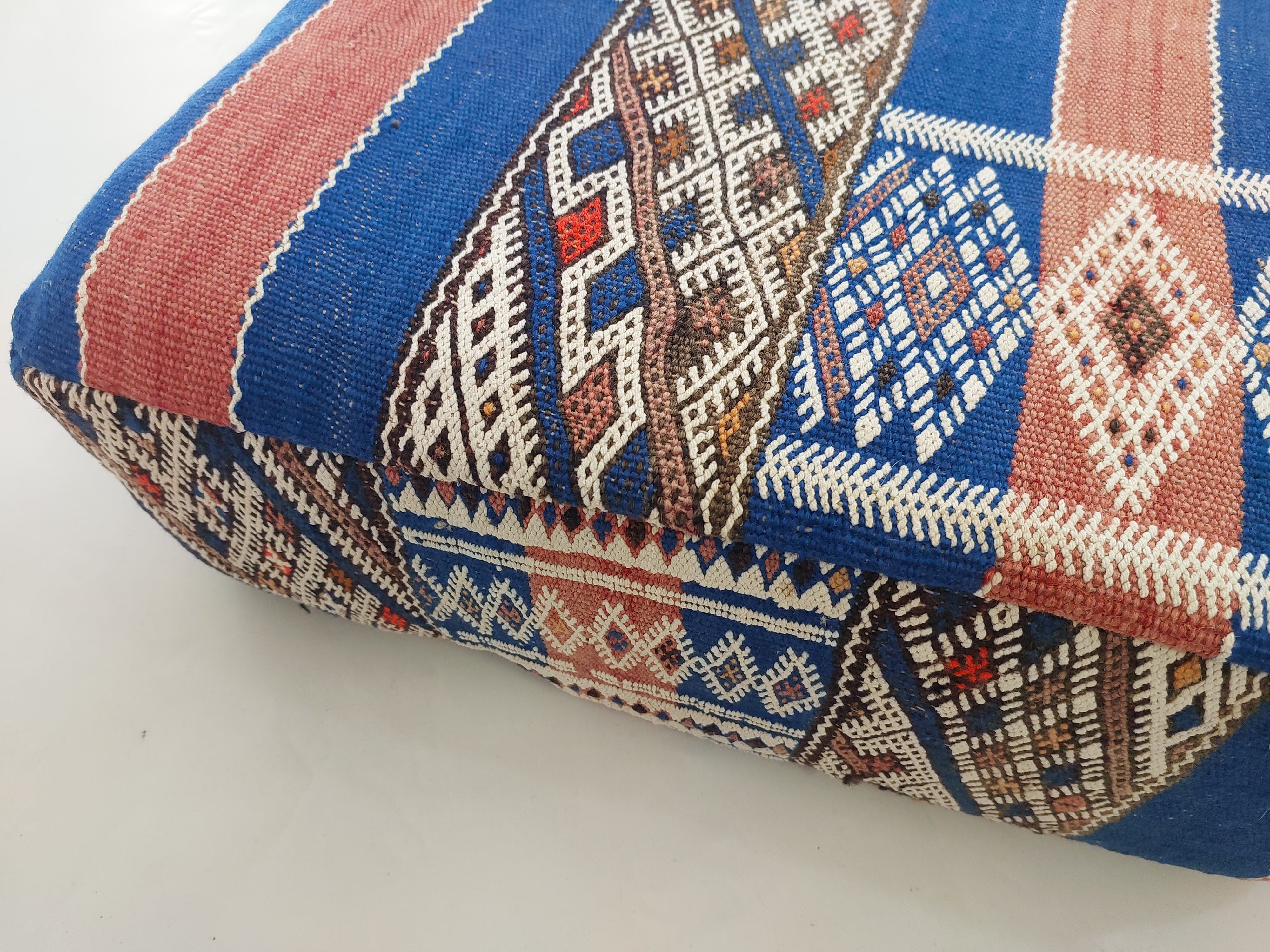 Vintage Berber Kilim Square Pouf – Authentic Moroccan Blue Ottoman & Boho Floor Pillow MoroccanBazzArts