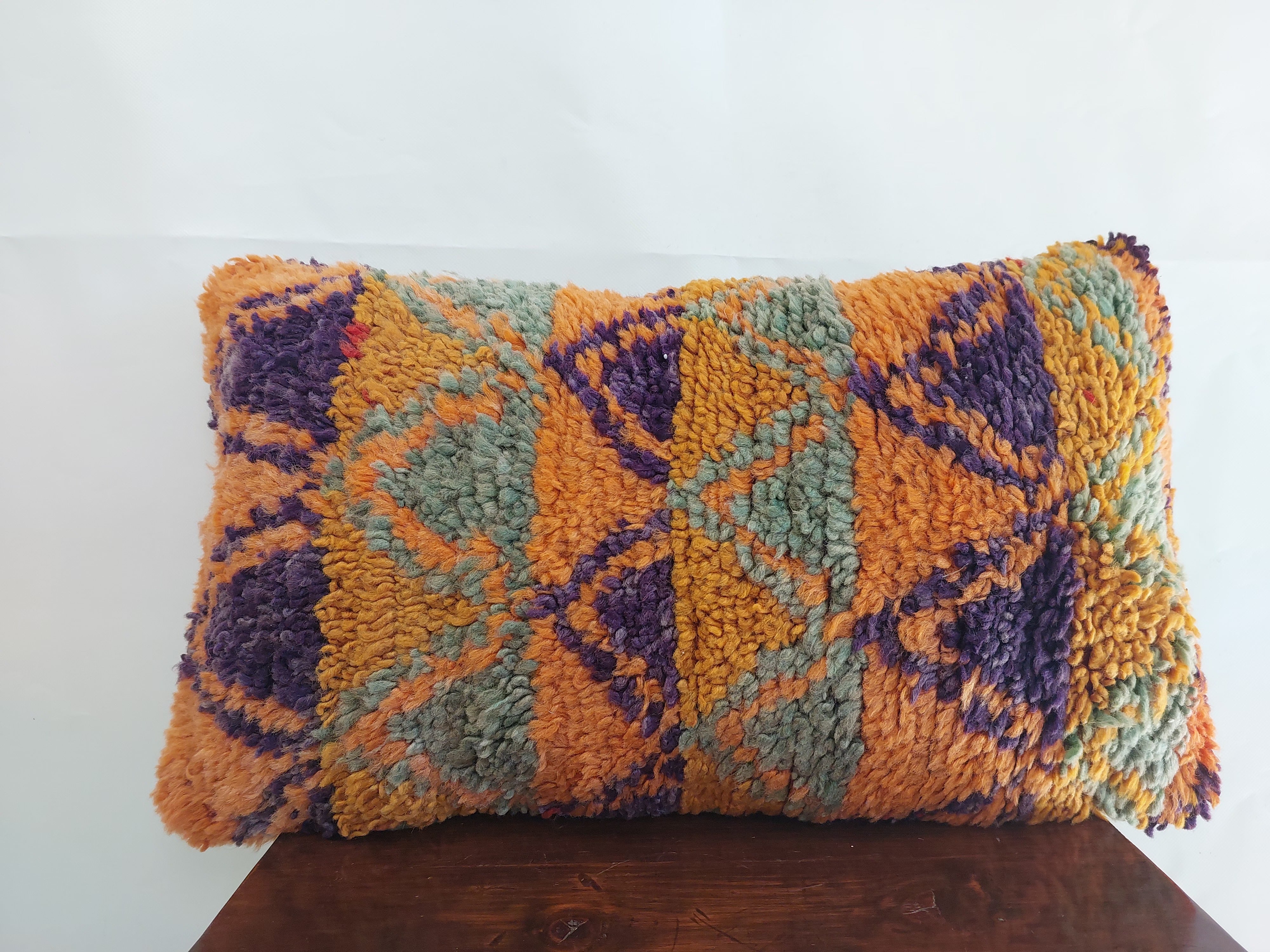 Aït Bou Ichaouen Moroccan Pillow - Handmade Berber Wool Cushion 14x24 - Vintage Colorful Boho Lumbar Pillow - Authentic Tribal Moroccan Deco MoroccanBazzArts