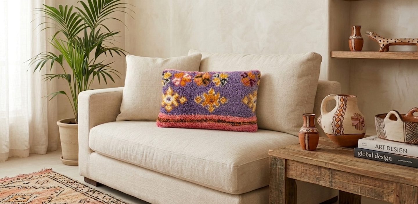 A rectangular vintage Moroccan Berber rug lumbar pillow in purple, pink, and orange, styled on a light beige sofa in a bohemian living room with terracotta vases and a palm plant.