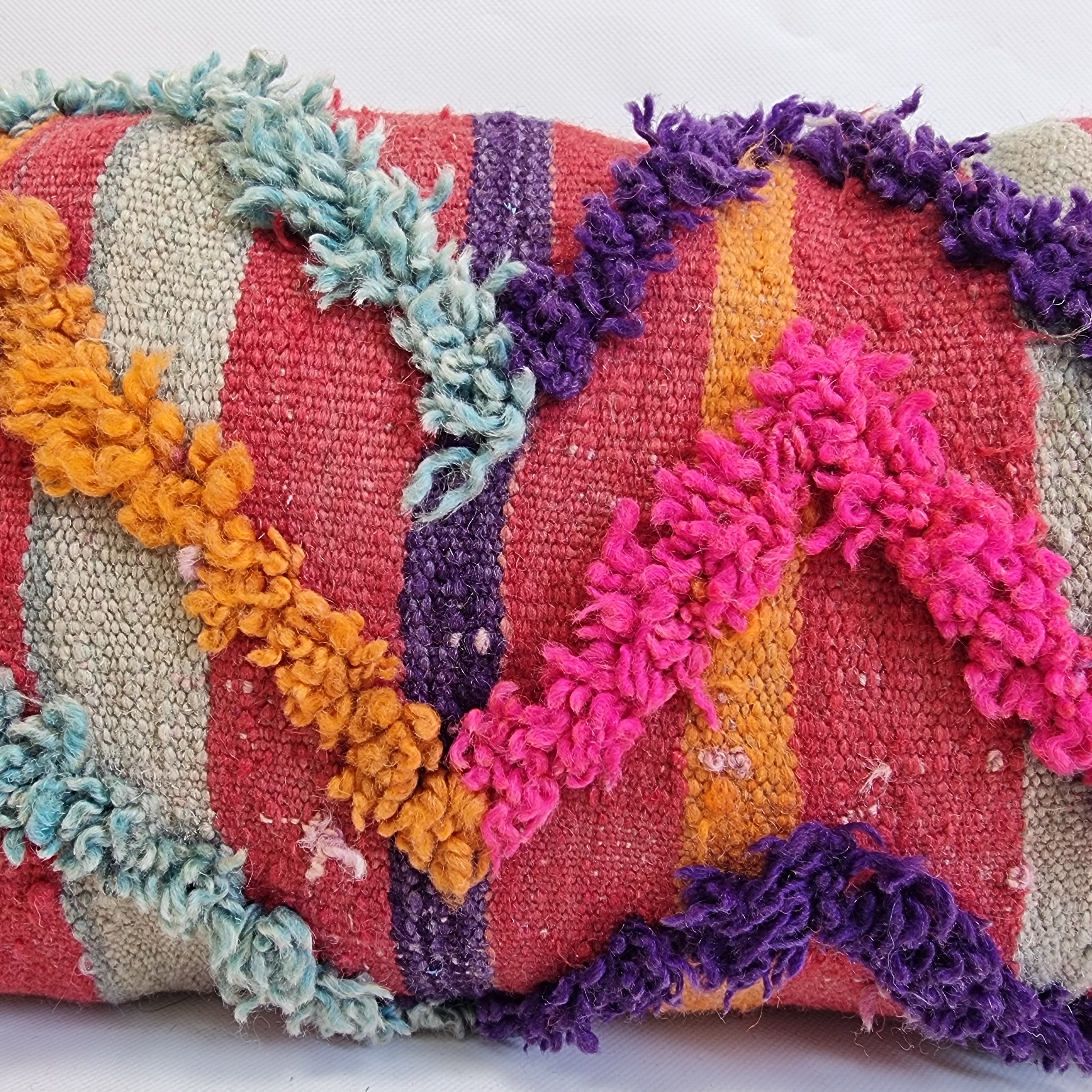 Vintage Authentic Talsint Lumbar Pillow Cover 13"x31" | Colorful Moroccan Berber knotted Cushion | Handmade Boho Decor MoroccanBazzArts