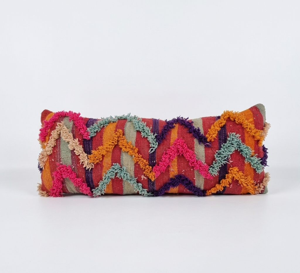 Vintage Authentic Talsint Lumbar Pillow Cover 13"x31" | Colorful Moroccan Berber knotted Cushion | Handmade Boho Decor MoroccanBazzArts.