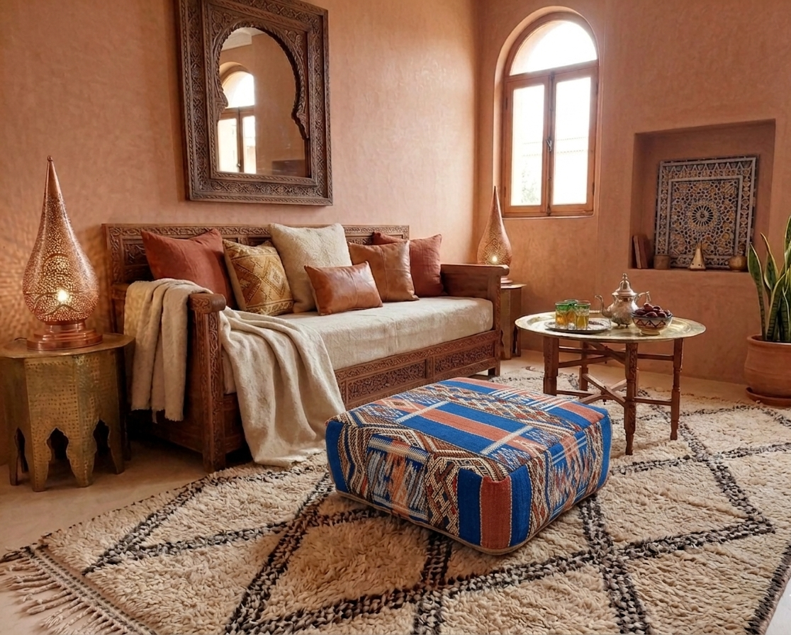 Living room with a wooden sofa, colorful ottoman, and decorative items.