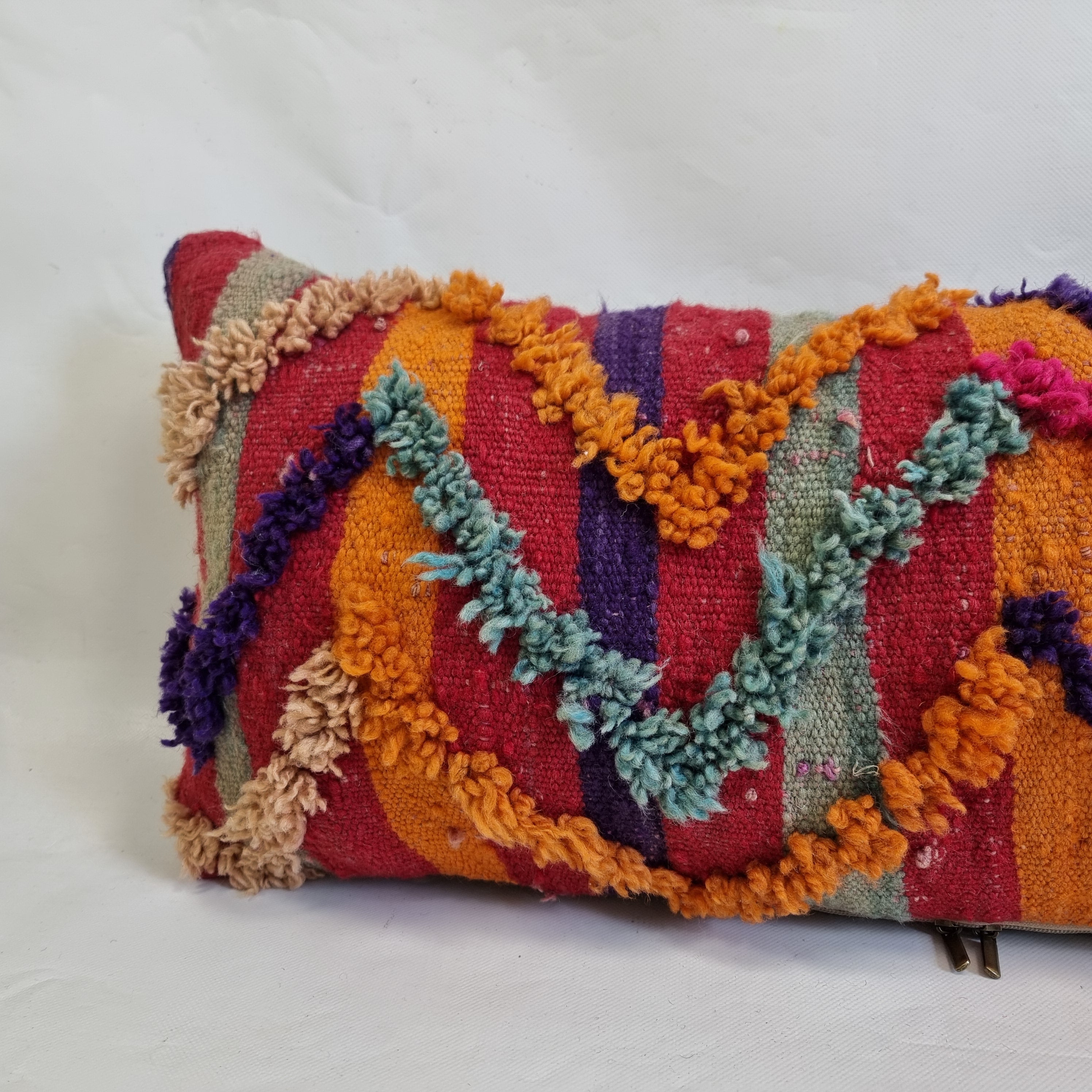 Vintage Authentic Talsint Lumbar Pillow Cover 13"x31" | Colorful Moroccan Berber knotted Cushion | Handmade Boho Decor MoroccanBazzArts