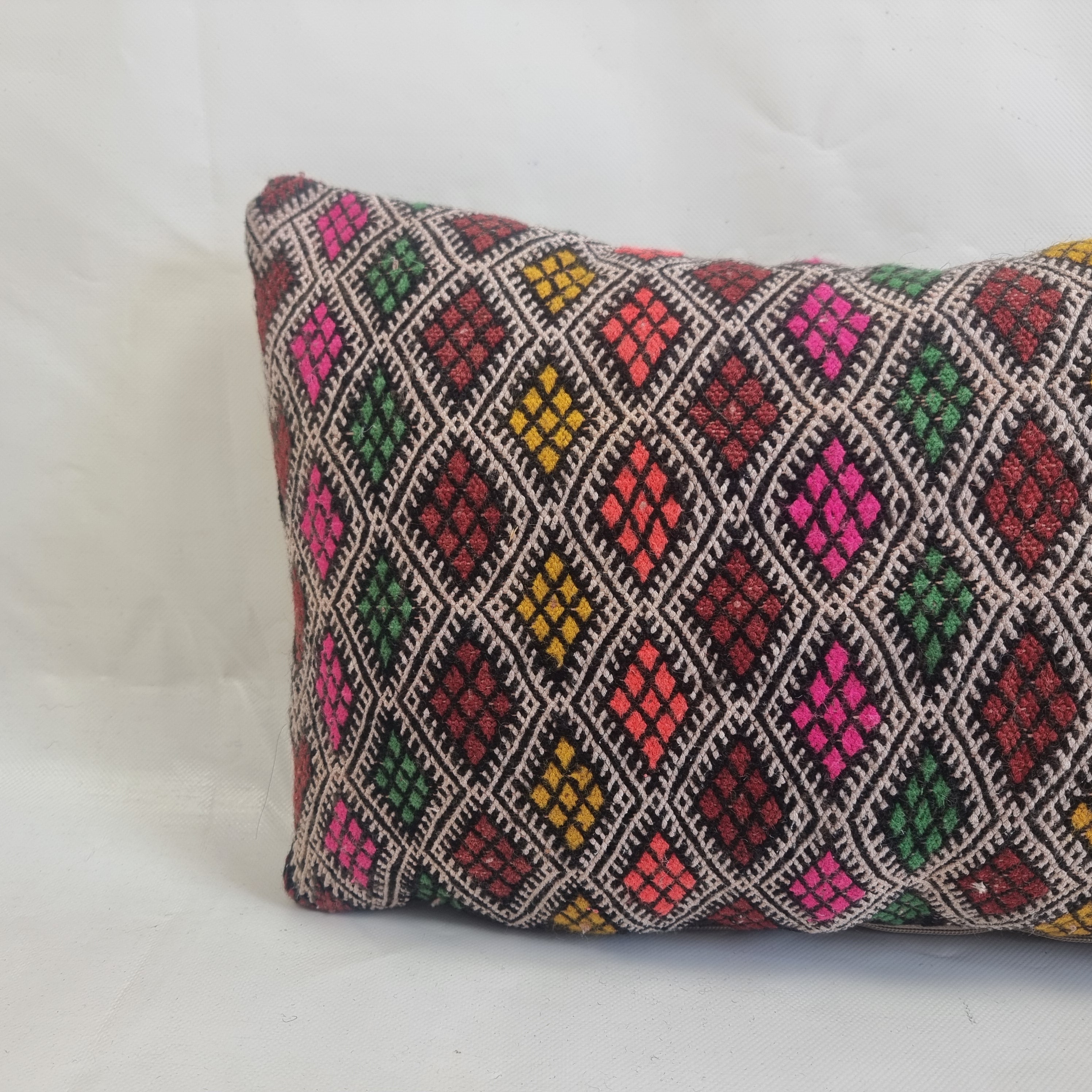 Handwoven Moroccan Kilim Lumbar Pillow Cover (13" x 22") – Colorful Geometric Boho Cushion MoroccanBazzArts
