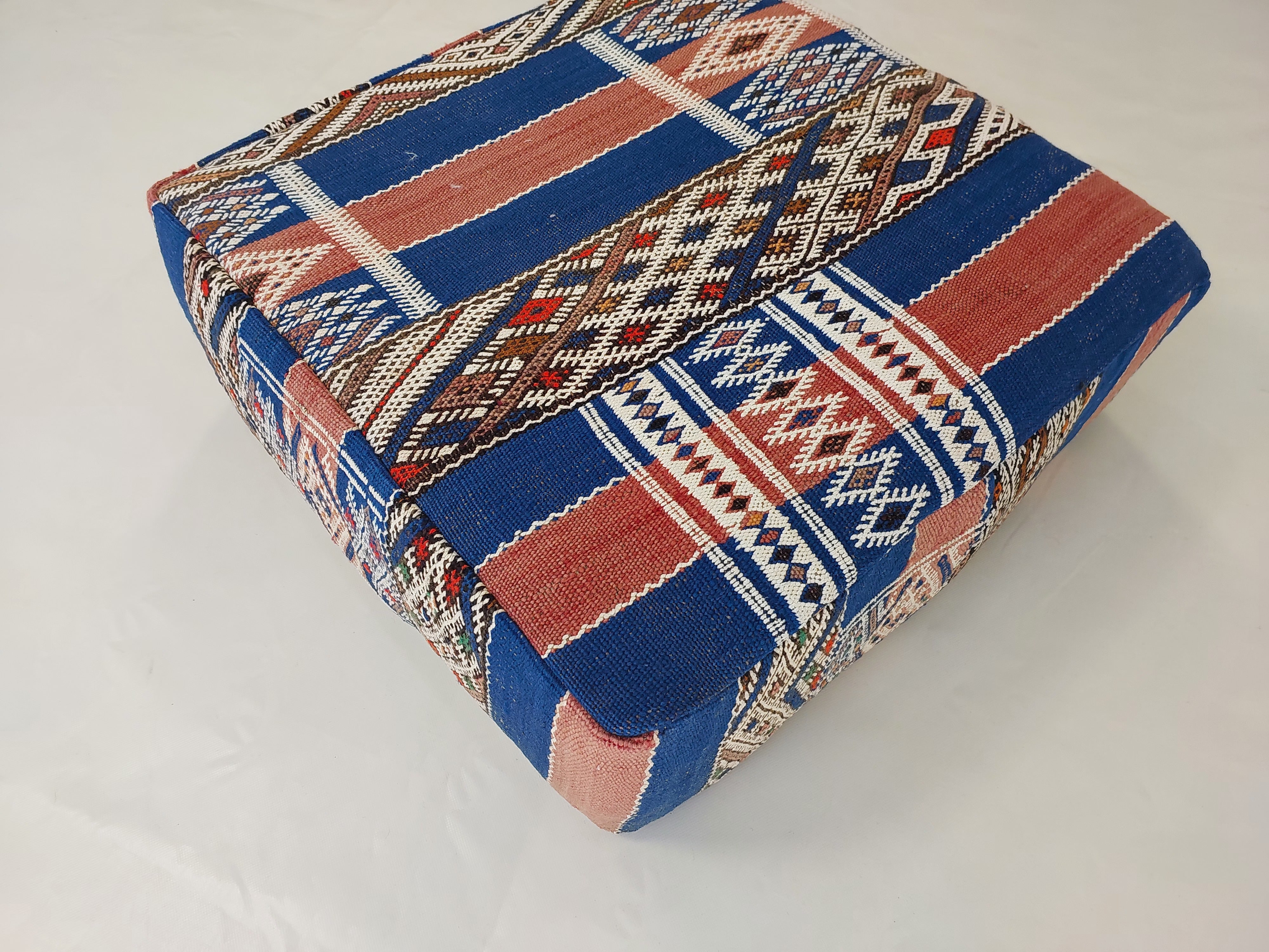 Vintage Berber Kilim Square Pouf – Authentic Moroccan Blue Ottoman & Boho Floor Pillow MoroccanBazzArts