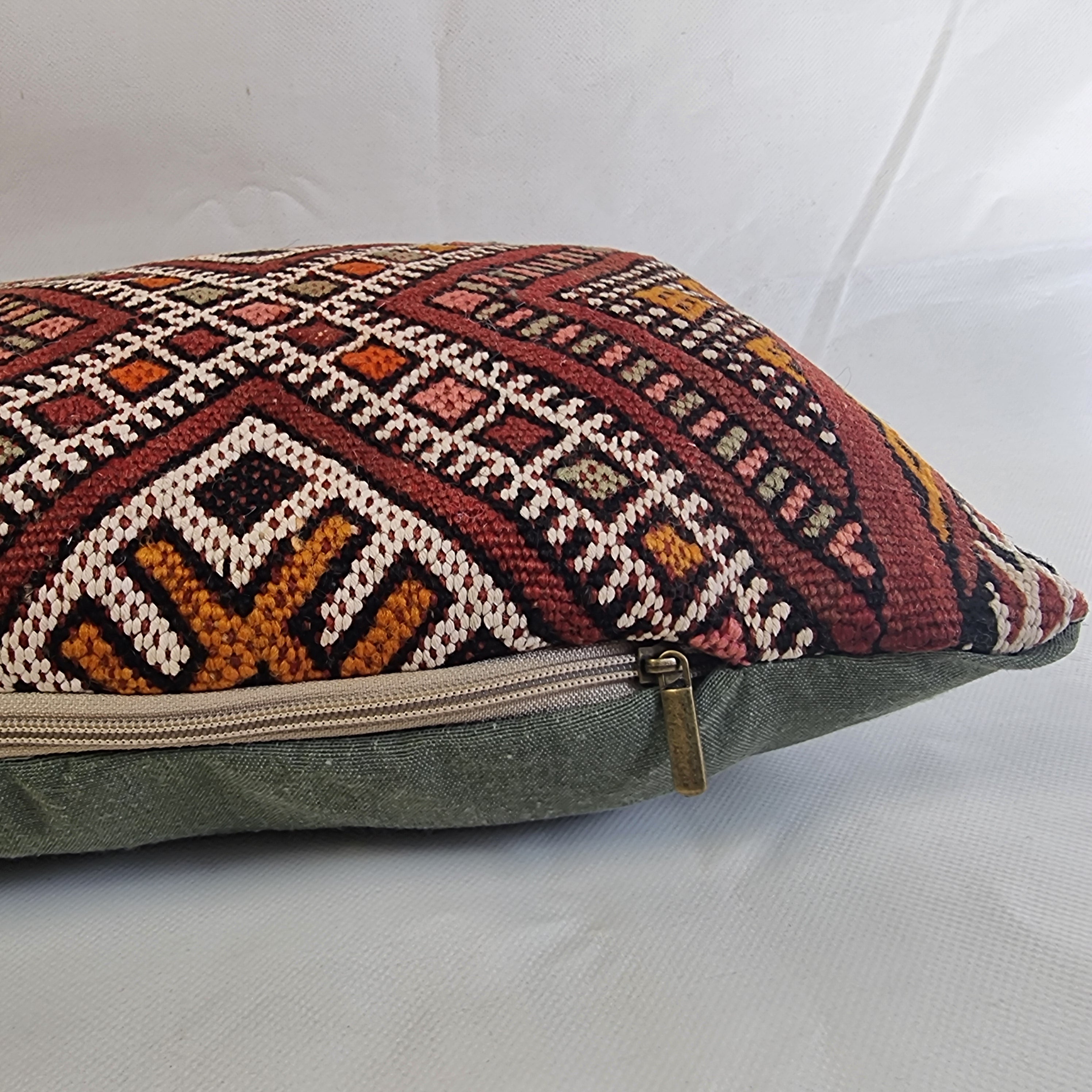 Authentic Moroccan Kilim Lumbar Pillow Cover 12x24" | Burgundy Geometric Boho Cushion | Handwoven Berber Tribal Throw Pillow 31x60 cm MoroccanBazzArts