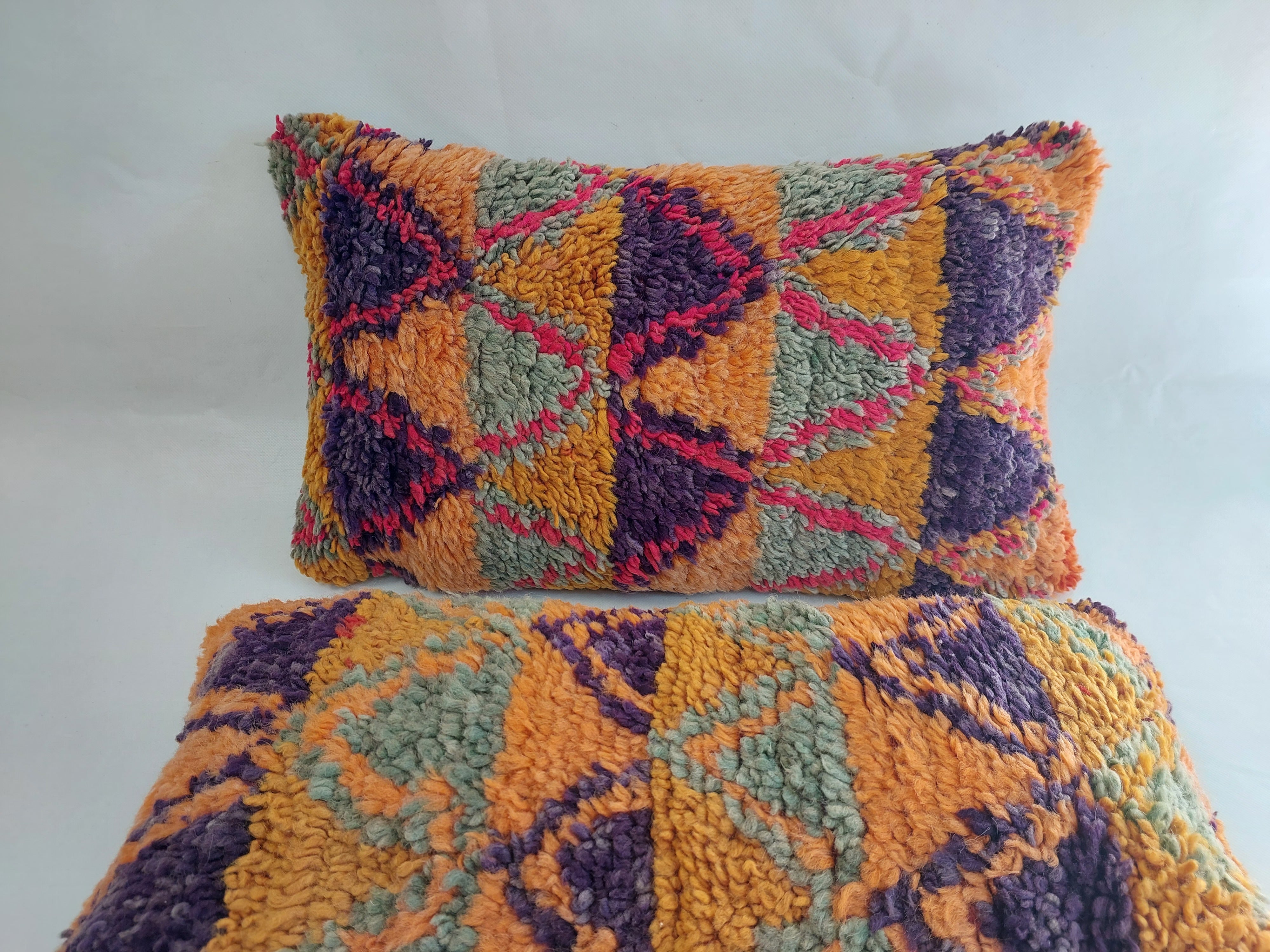 Aït Bou Ichaouen Moroccan Pillow - Handmade Berber Wool Cushion 14x24 - Vintage Colorful Boho Lumbar Pillow - Authentic Tribal Moroccan Deco MoroccanBazzArts