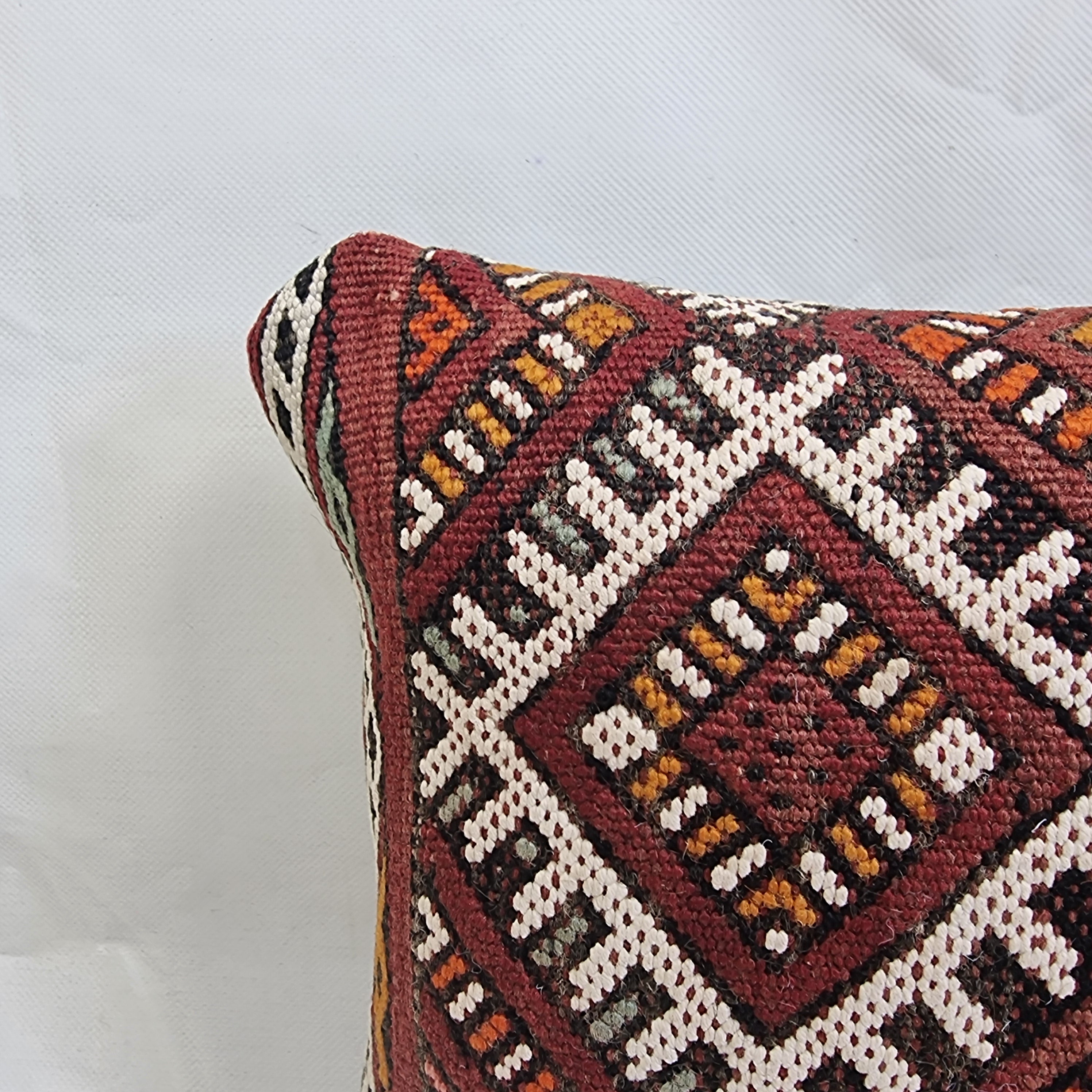 Authentic Moroccan Kilim Lumbar Pillow Cover 12x21" | Burgundy Geometric Boho Cushion | Handwoven Berber Tribal Throw Pillow 32x55cm MoroccanBazzArts