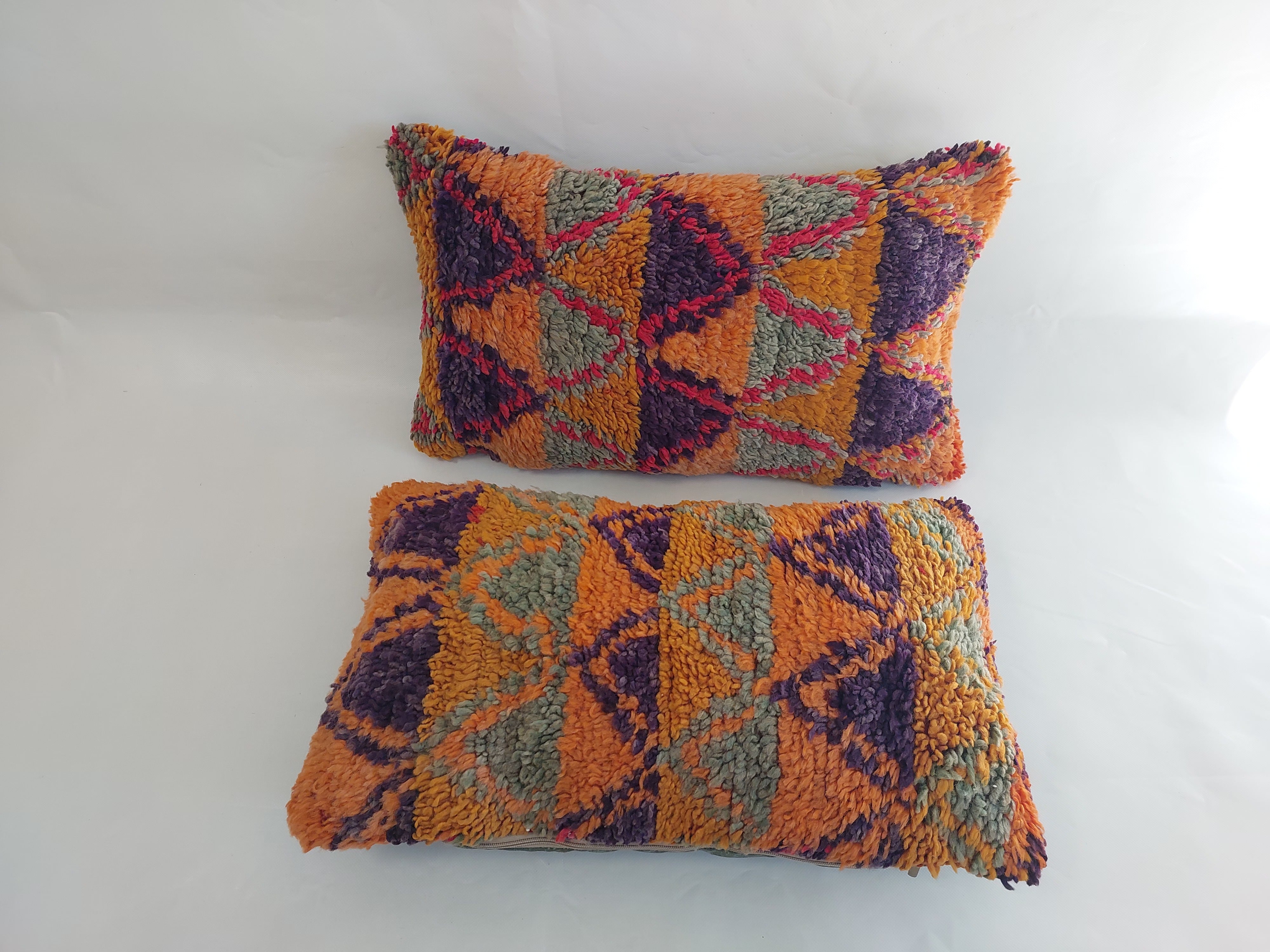 Aït Bou Ichaouen Moroccan Pillow - Handmade Berber Wool Cushion 14x24 - Vintage Colorful Boho Lumbar Pillow - Authentic Tribal Moroccan Deco MoroccanBazzArts