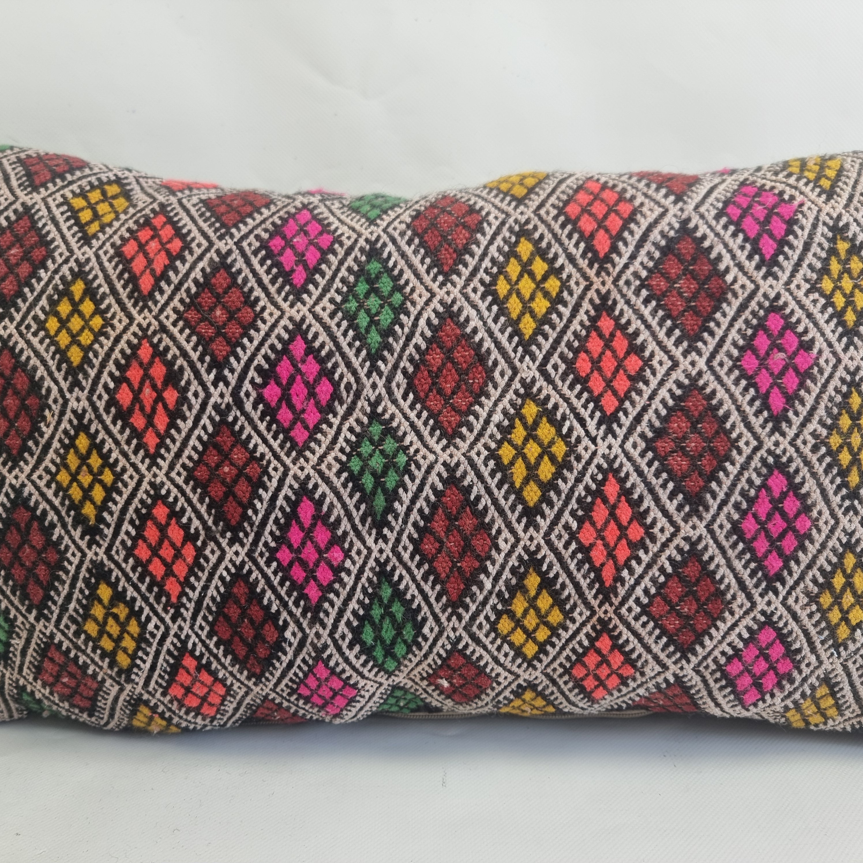 Handwoven Moroccan Kilim Lumbar Pillow Cover (13" x 22") – Colorful Geometric Boho Cushion MoroccanBazzArts
