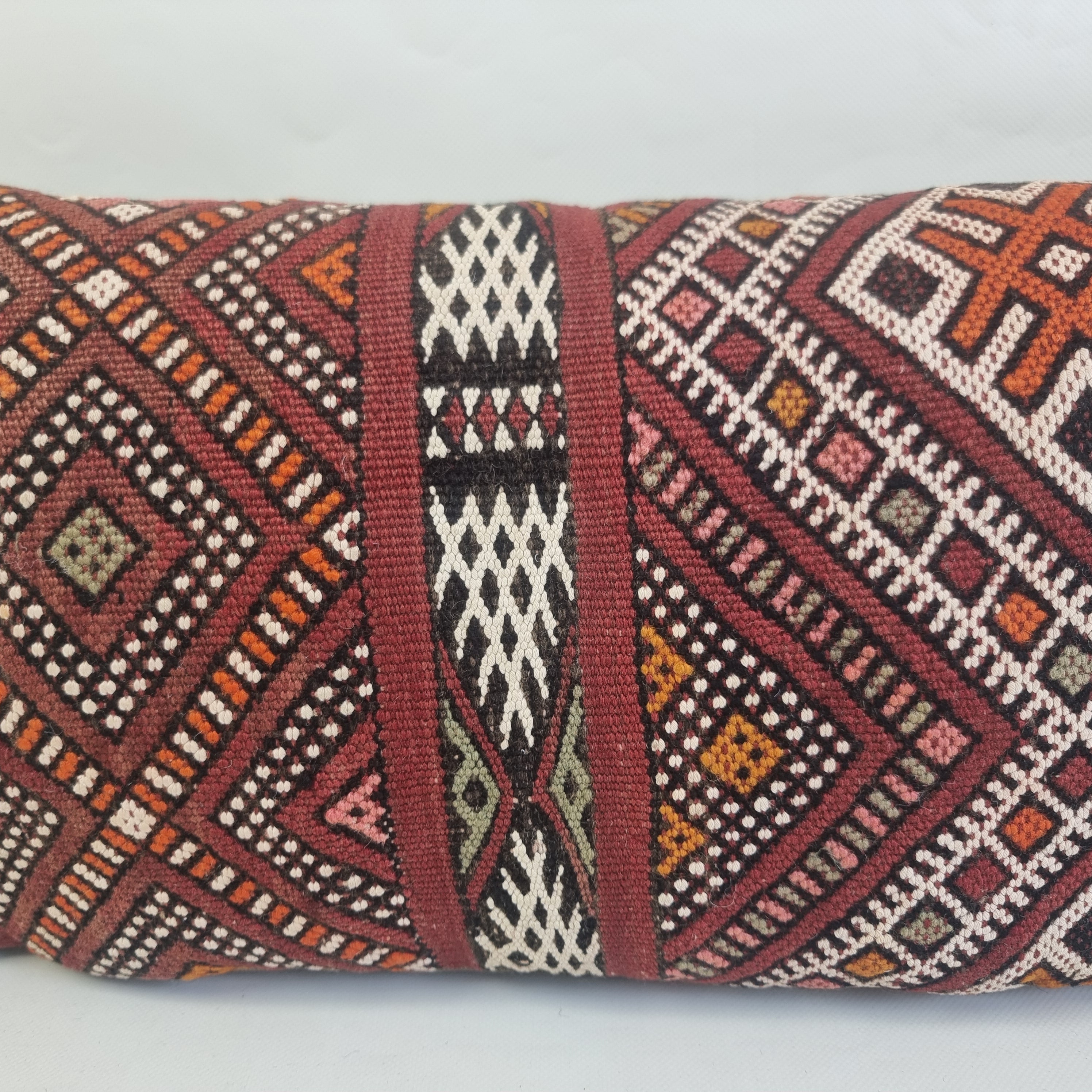 Authentic Moroccan Kilim Lumbar Pillow Cover 12x24" | Burgundy Geometric Boho Cushion | Handwoven Berber Tribal Throw Pillow 31x60 cm MoroccanBazzArts