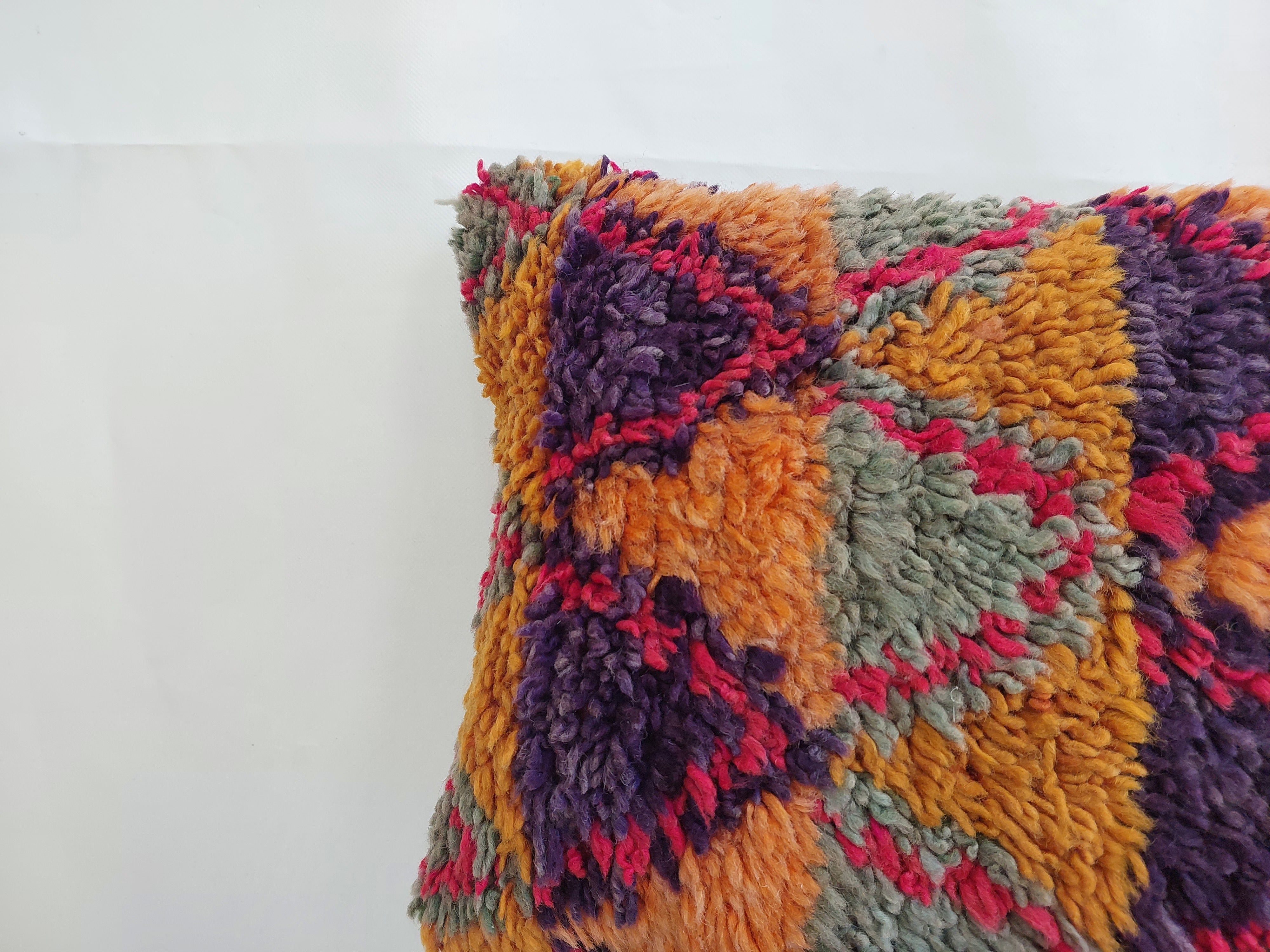 Aït Bou Ichaouen Moroccan Pillow - Handmade Berber Wool Cushion 14x24 - Vintage Colorful Boho Lumbar Pillow - Authentic Tribal Moroccan Deco MoroccanBazzArts