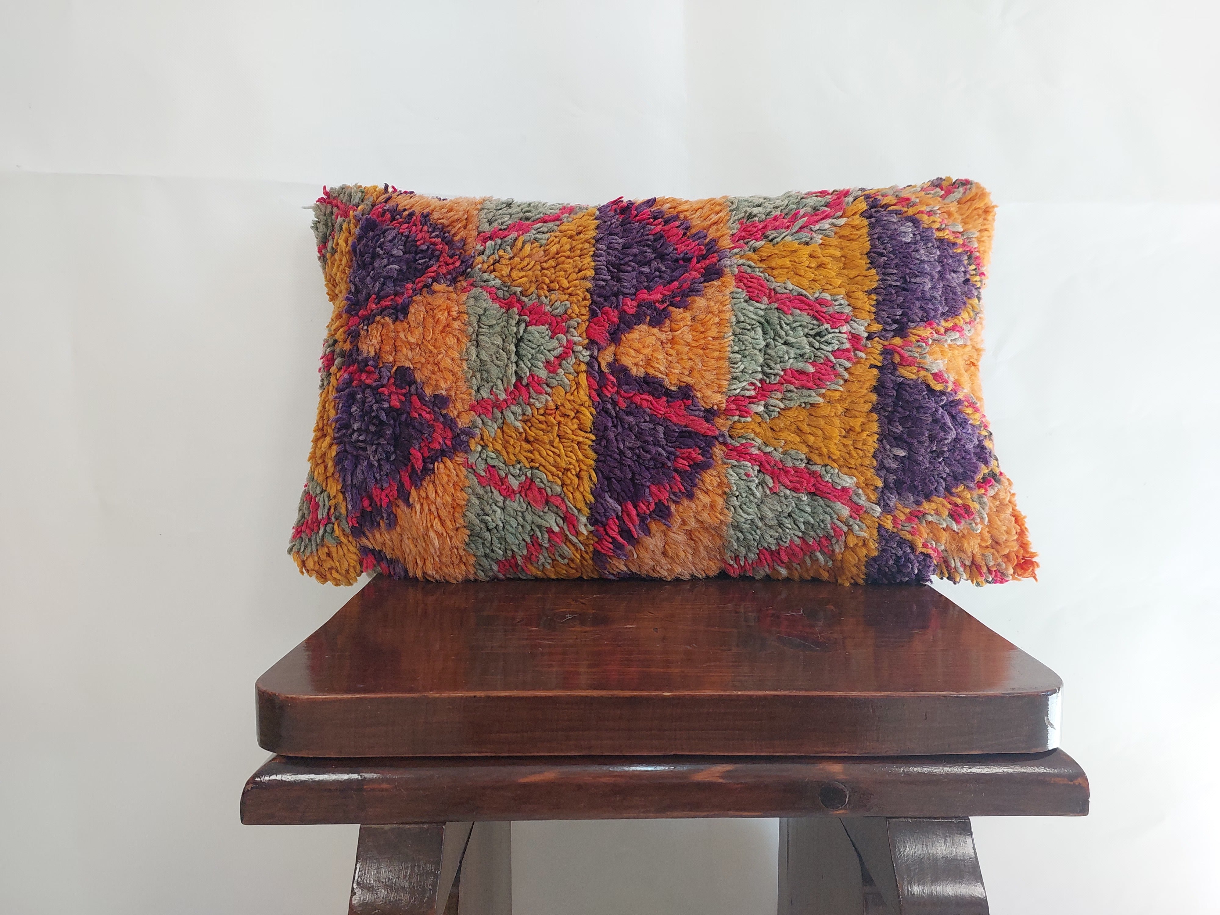 Aït Bou Ichaouen Moroccan Pillow - Handmade Berber Wool Cushion 14x24 - Vintage Colorful Boho Lumbar Pillow - Authentic Tribal Moroccan Deco MoroccanBazzArts