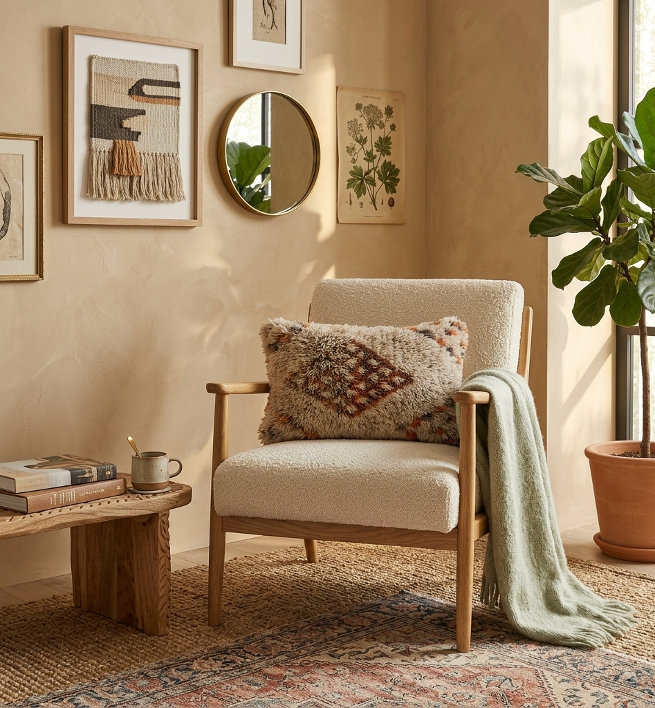 Cozy living room with a wooden armchair, decorative pillow, and a plant.