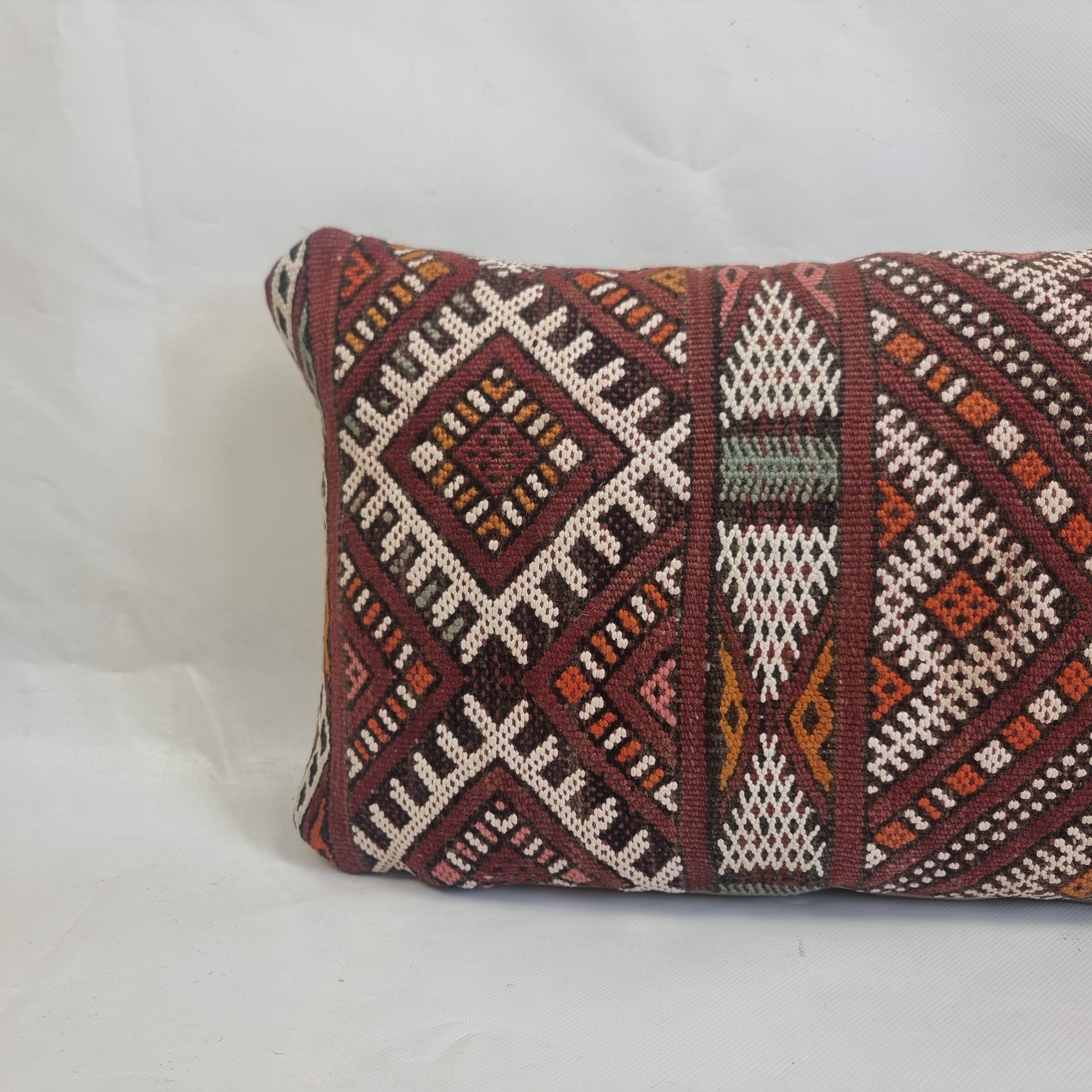 Authentic Moroccan Kilim Lumbar Pillow Cover 12x21" | Burgundy Geometric Boho Cushion | Handwoven Berber Tribal Throw Pillow 32x55cm MoroccanBazzArts