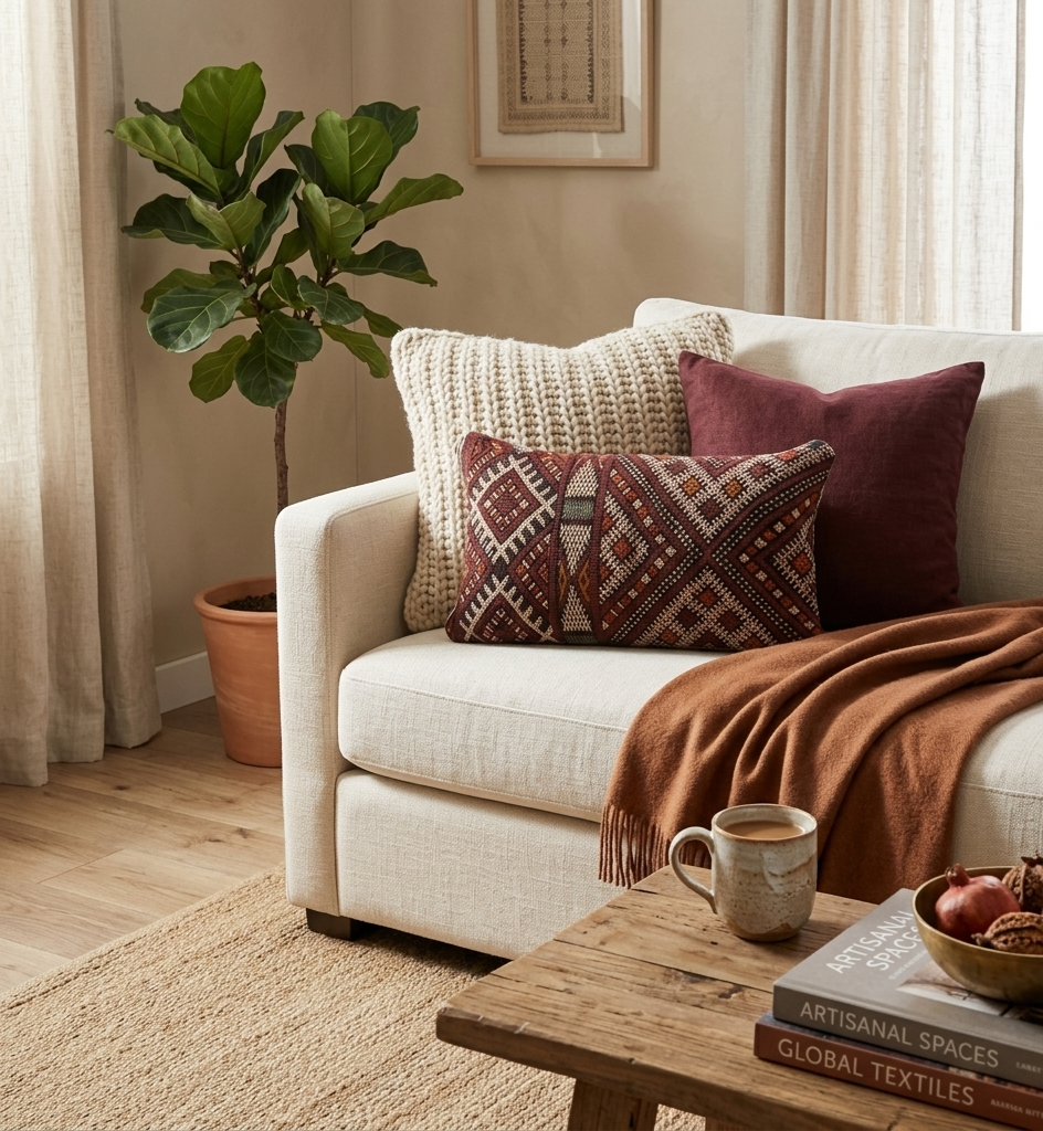 Cozy living room with a beige sofa, patterned pillows, and a wooden coffee table.