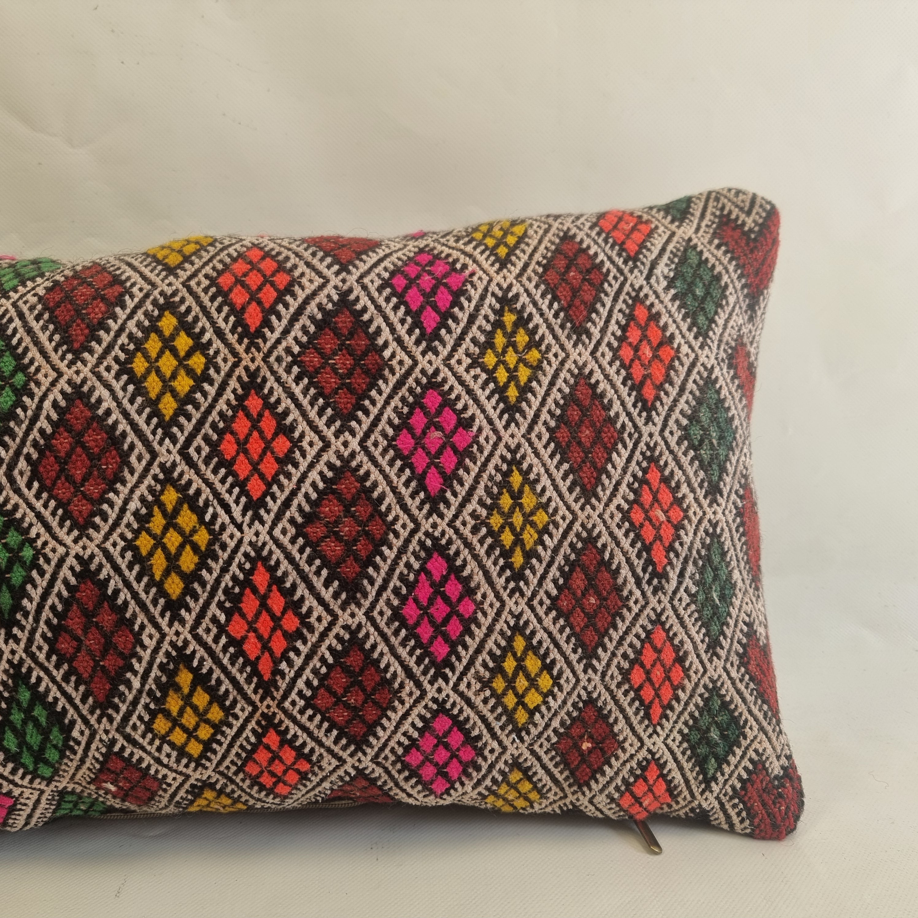 Handwoven Moroccan Kilim Lumbar Pillow Cover (13" x 22") – Colorful Geometric Boho Cushion MoroccanBazzArts