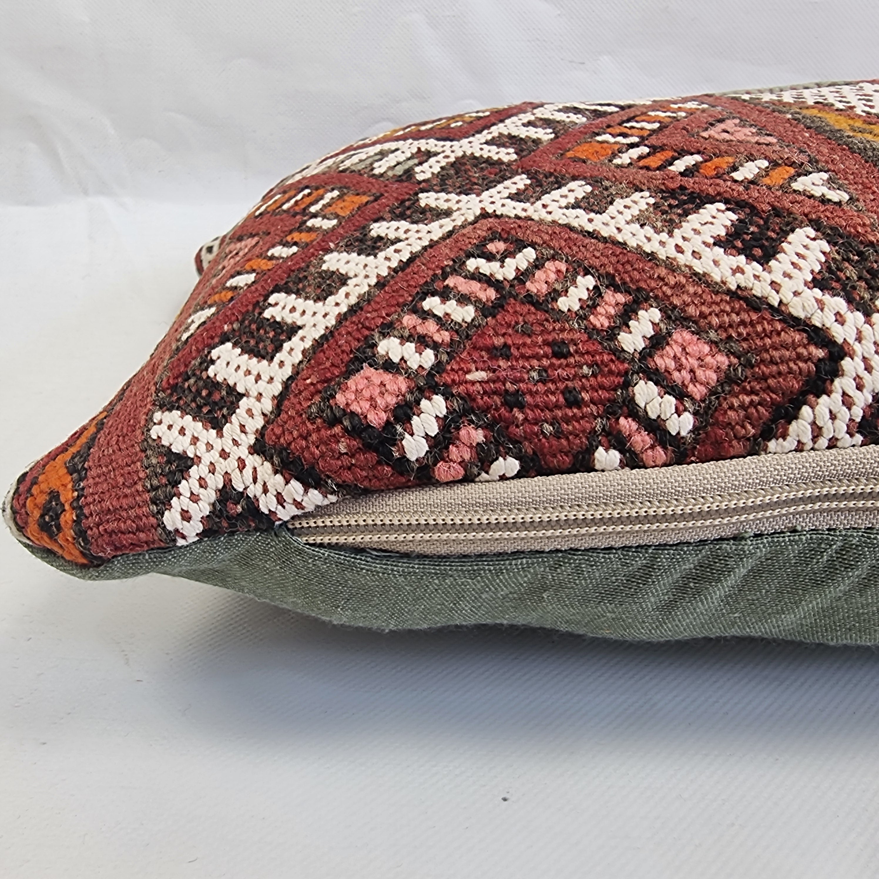 Authentic Moroccan Kilim Lumbar Pillow Cover 12x21" | Burgundy Geometric Boho Cushion | Handwoven Berber Tribal Throw Pillow 32x55cm MoroccanBazzArts