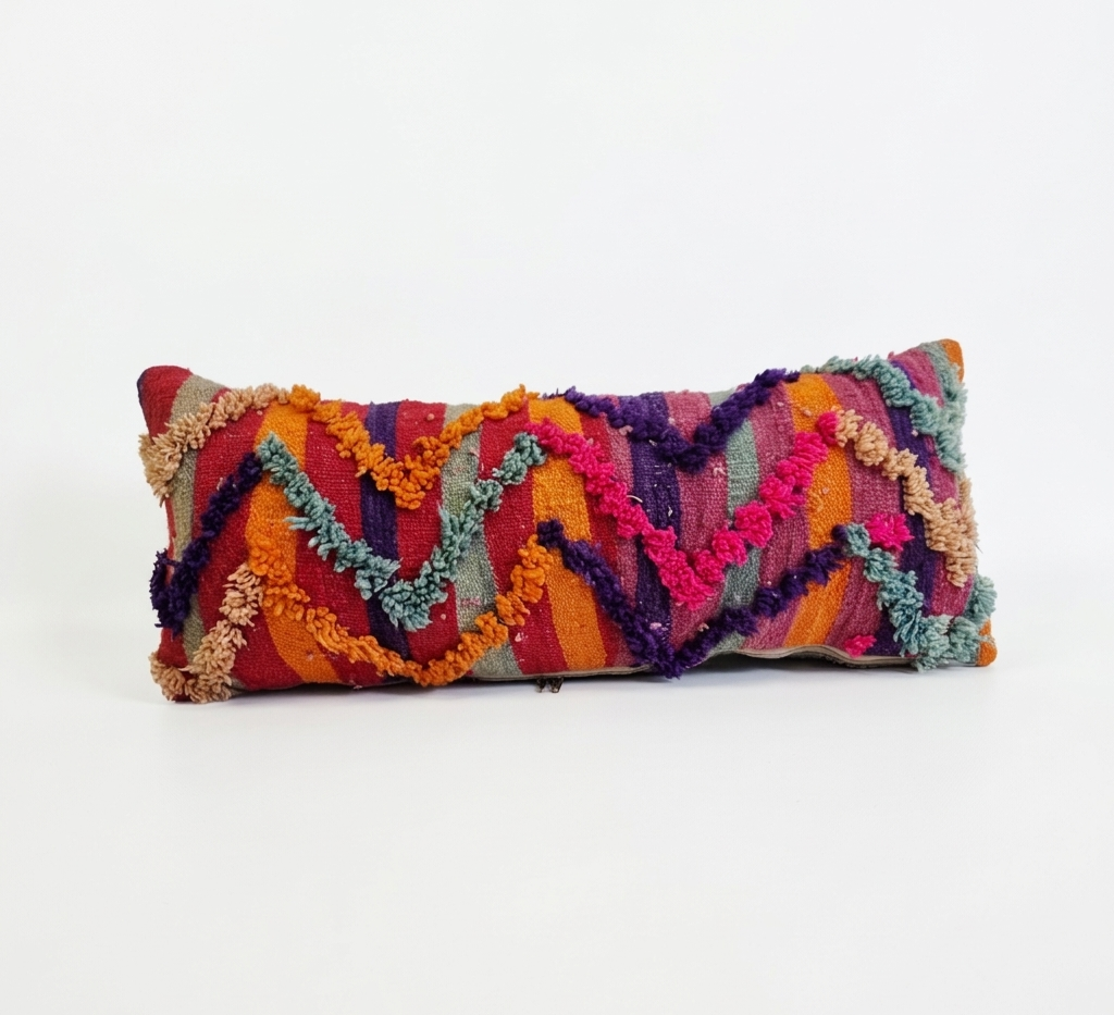 Vintage Authentic Talsint Lumbar Pillow Cover 13"x31" | Colorful Moroccan Berber knotted Cushion | Handmade Boho Decor MoroccanBazzArts.