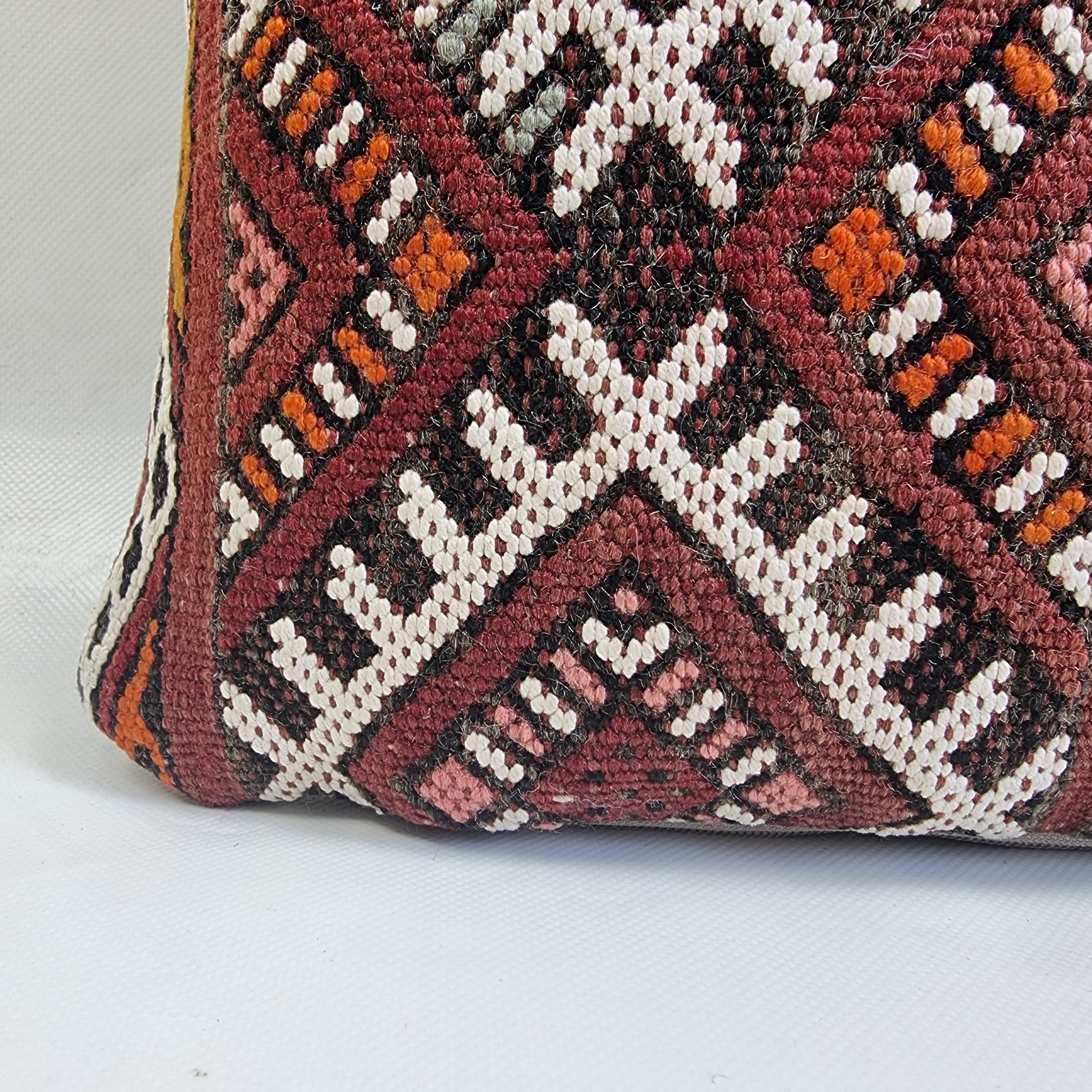 Authentic Moroccan Kilim Lumbar Pillow Cover 12x21" | Burgundy Geometric Boho Cushion | Handwoven Berber Tribal Throw Pillow 32x55cm MoroccanBazzArts