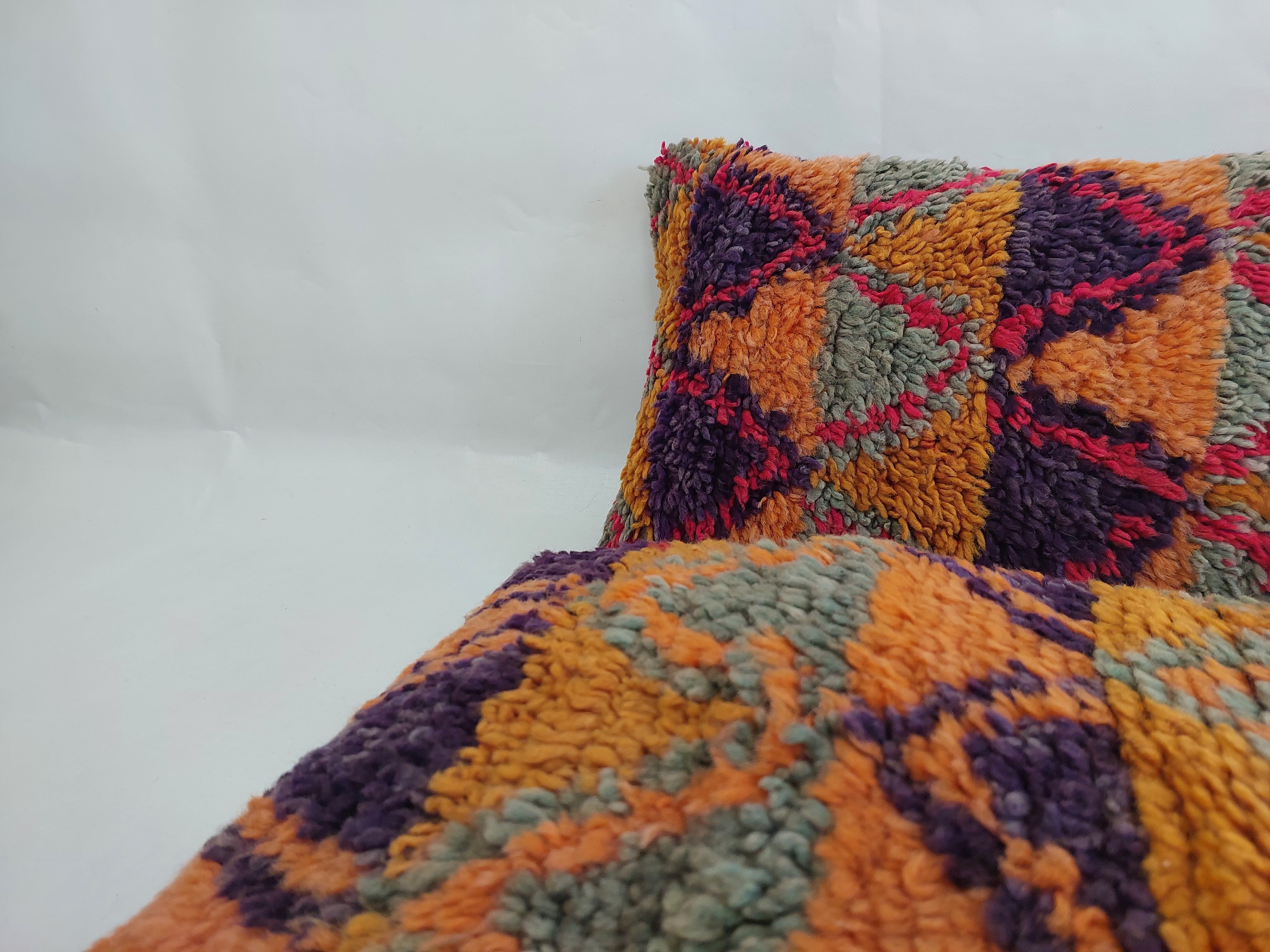Aït Bou Ichaouen Moroccan Pillow - Handmade Berber Wool Cushion 14x24 - Vintage Colorful Boho Lumbar Pillow - Authentic Tribal Moroccan Deco MoroccanBazzArts