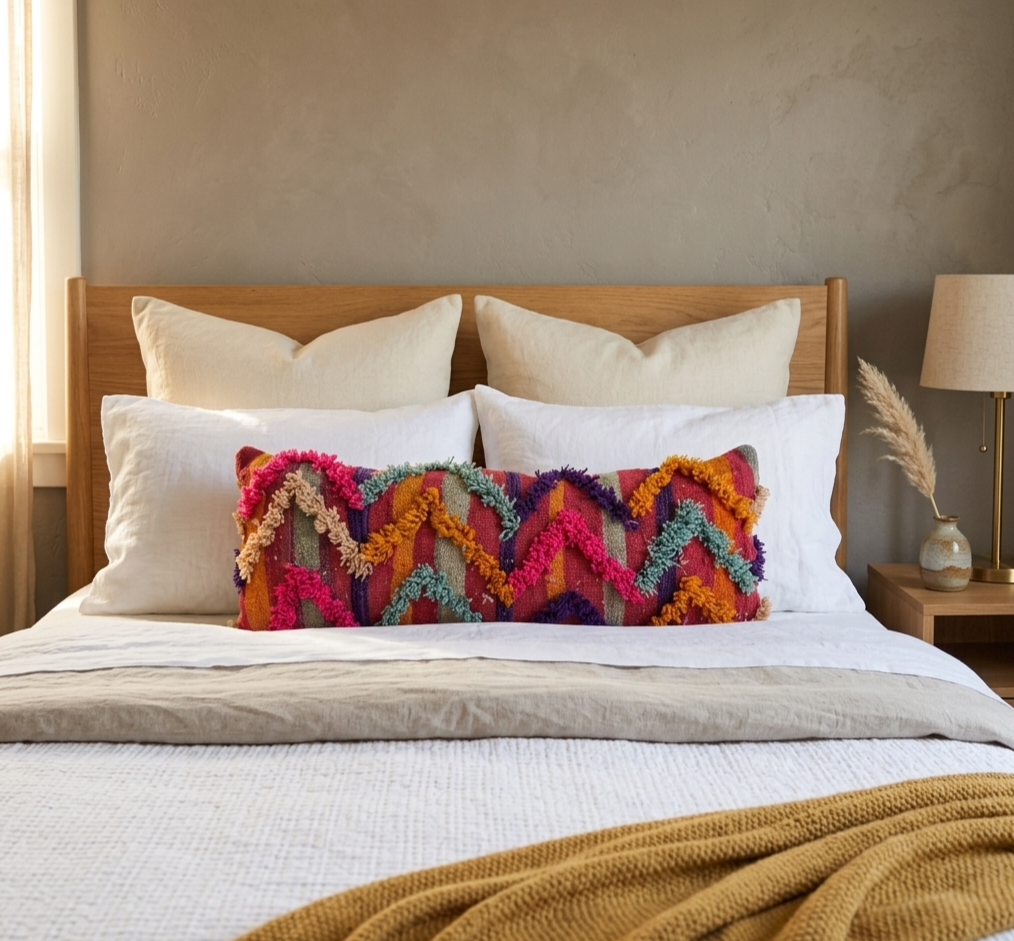 Vintage Authentic Talsint Lumbar Pillow Cover 13"x31" | Colorful Moroccan Berber knotted Cushion | Handmade Boho Decor MoroccanBazzArts