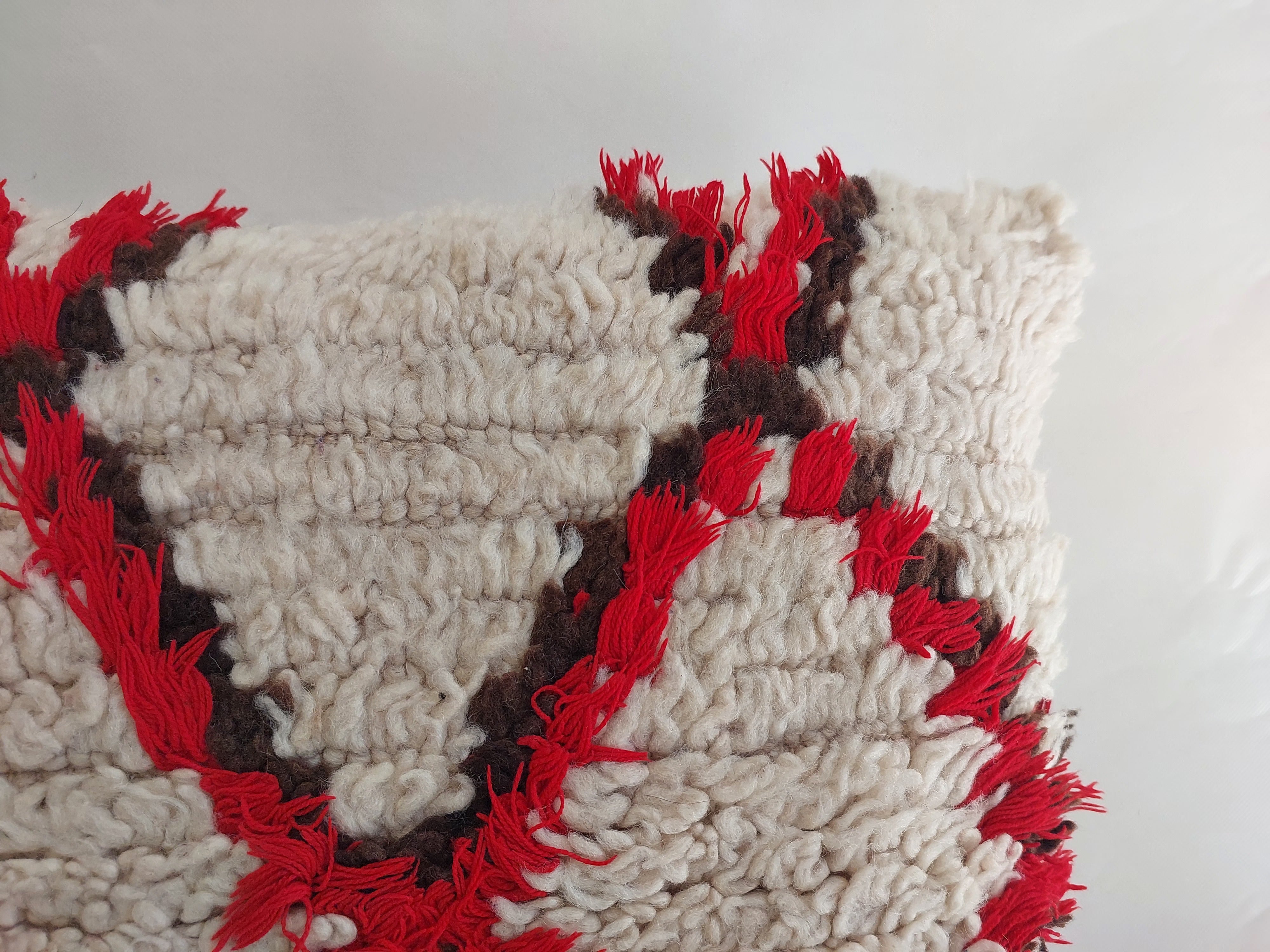 Vintage Moroccan Rug Pillow Cover | Handwoven Brown & Red Geometric Cushion | Boho Minimalist Decor | Shag Wool Throw Pillow Cover MoroccanBazzArts