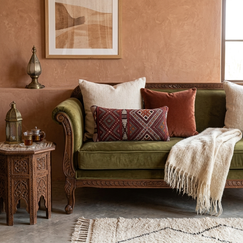 Cozy living room with a green sofa, patterned cushions, and a side table.