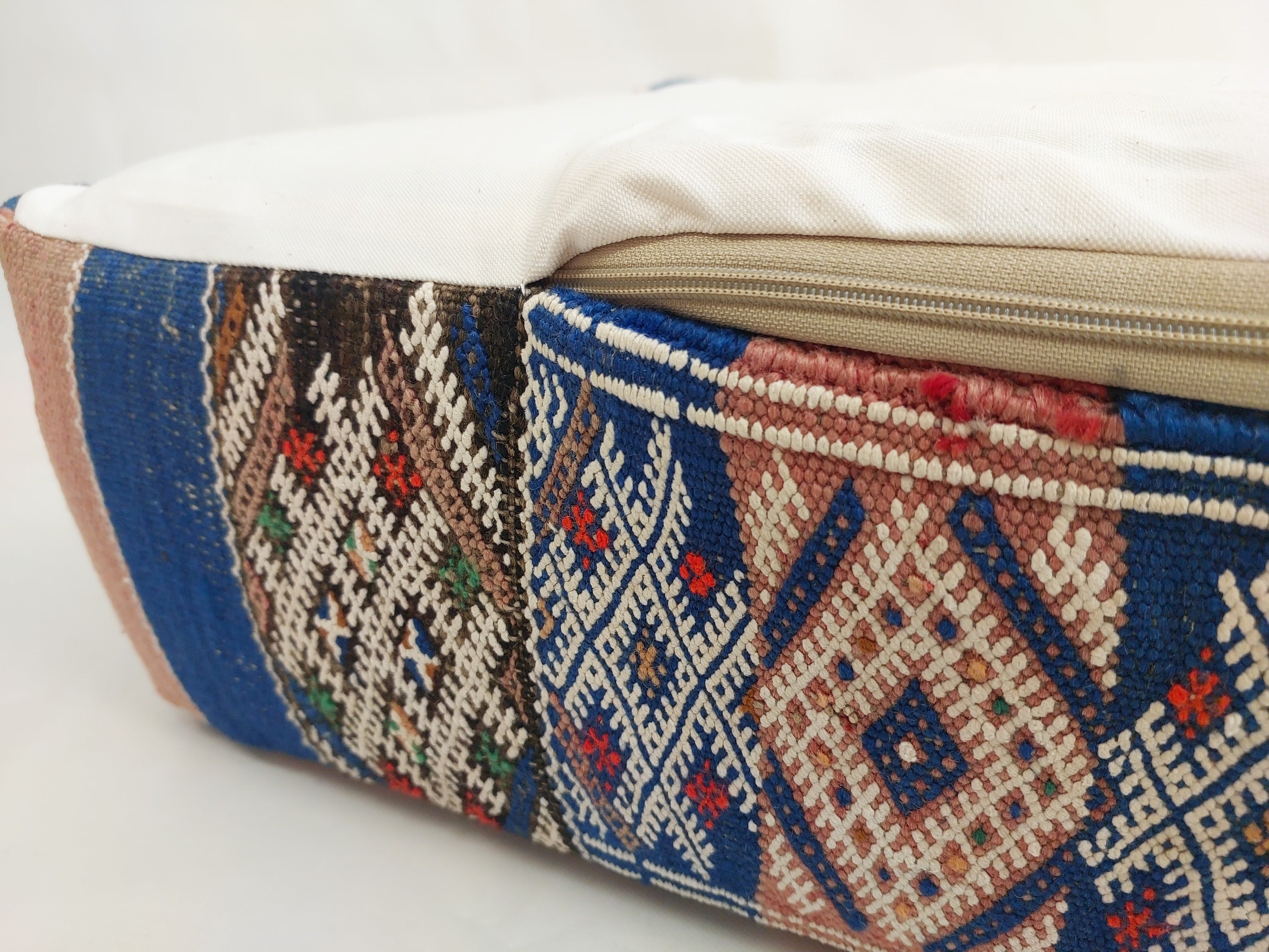 Vintage Berber Kilim Square Pouf – Authentic Moroccan Blue Ottoman & Boho Floor Pillow MoroccanBazzArts