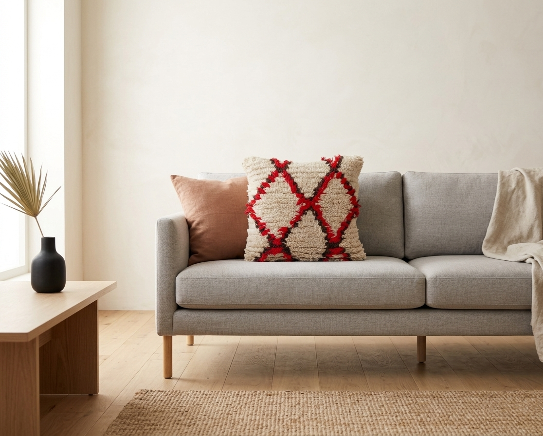 Vintage Moroccan Rug Pillow Cover | Handwoven Brown & Red Geometric Cushion | Boho Minimalist Decor | Shag Wool Throw Pillow Cover MoroccanBazzArts