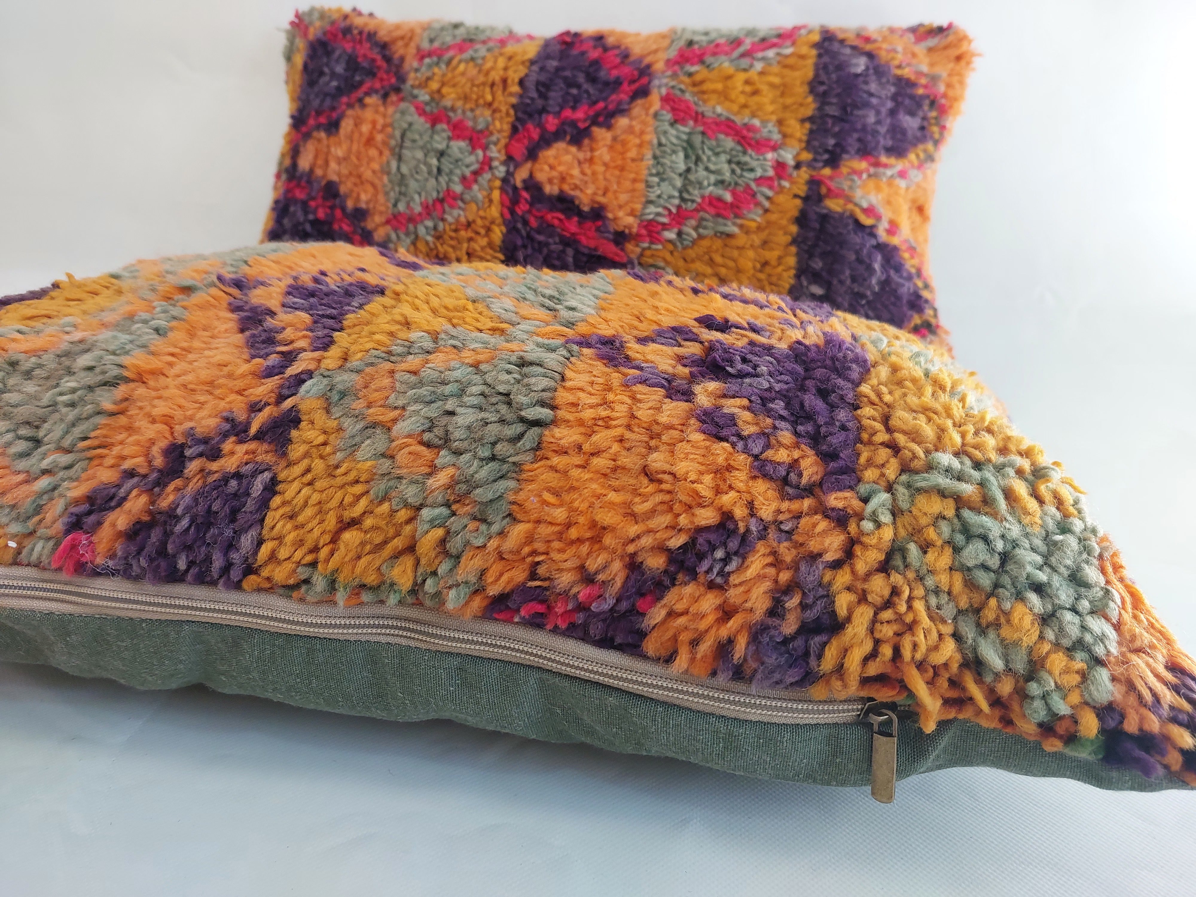 Aït Bou Ichaouen Moroccan Pillow - Handmade Berber Wool Cushion 14x24 - Vintage Colorful Boho Lumbar Pillow - Authentic Tribal Moroccan Deco MoroccanBazzArts