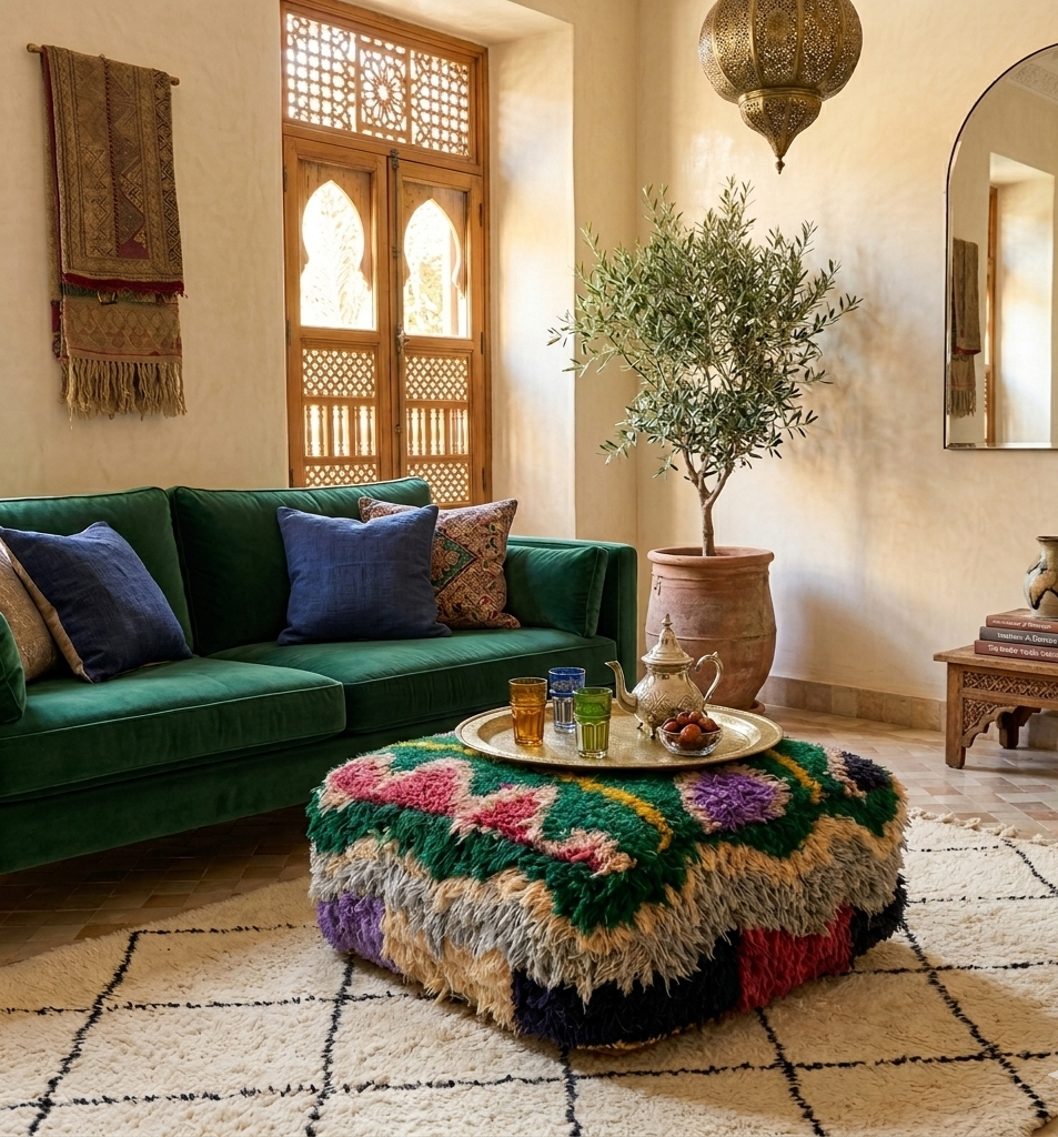Living room with green sofa, colorful ottoman, and decorative items.