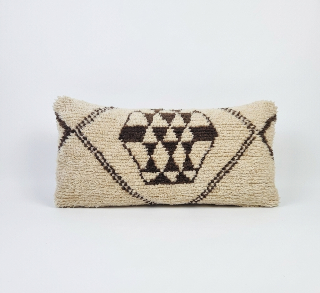 Authentic Moroccan Wool Lumbar Pillow Cover 35x70 cm | Natural Azilal Geometric Cushion | Boho handwoven Throw Pillow Case MoroccanBazzArts