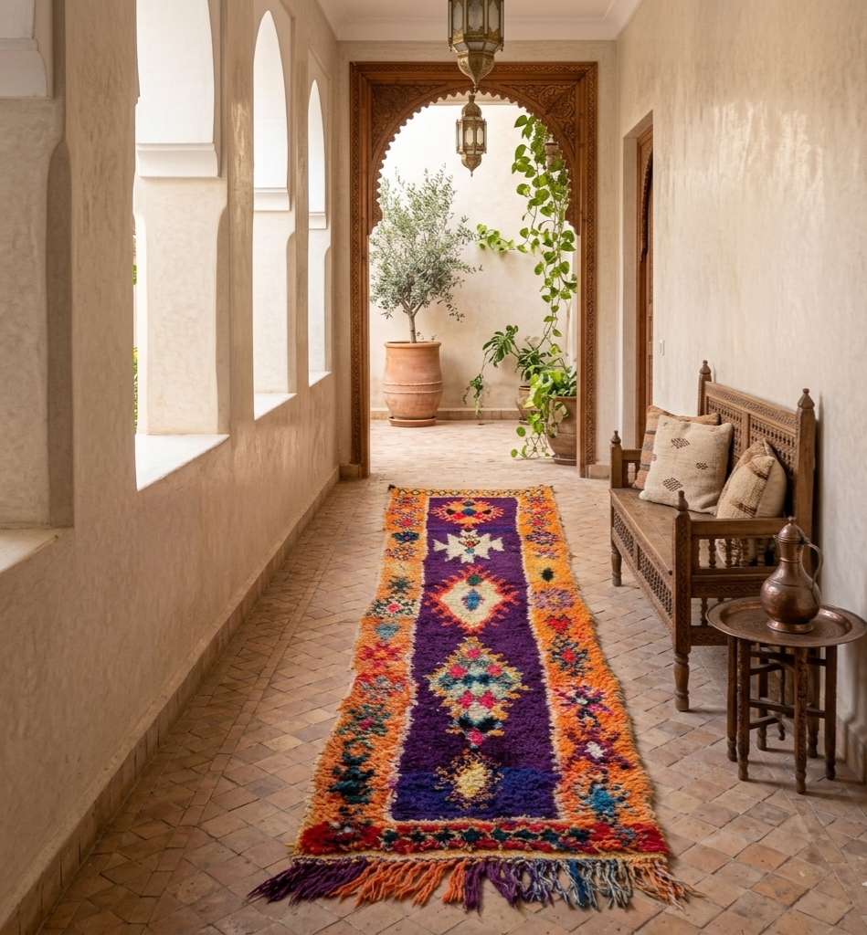 Vintage Colorful Boujaad Runner Rug - 8.10 x 2.8 Ft Irregular Handknotted Moroccan Hallway Rug MoroccanBazzArts