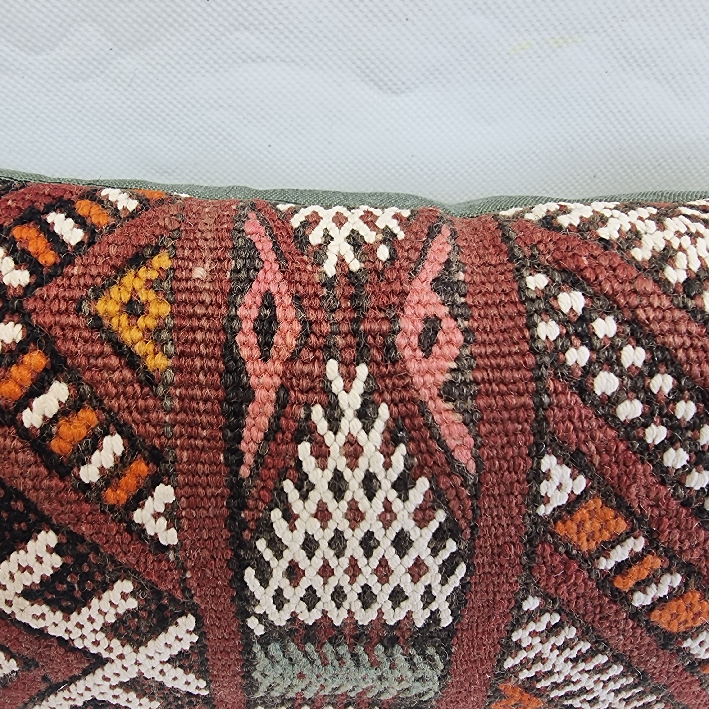 Authentic Moroccan Kilim Lumbar Pillow Cover 12x21" | Burgundy Geometric Boho Cushion | Handwoven Berber Tribal Throw Pillow 32x55cm MoroccanBazzArts