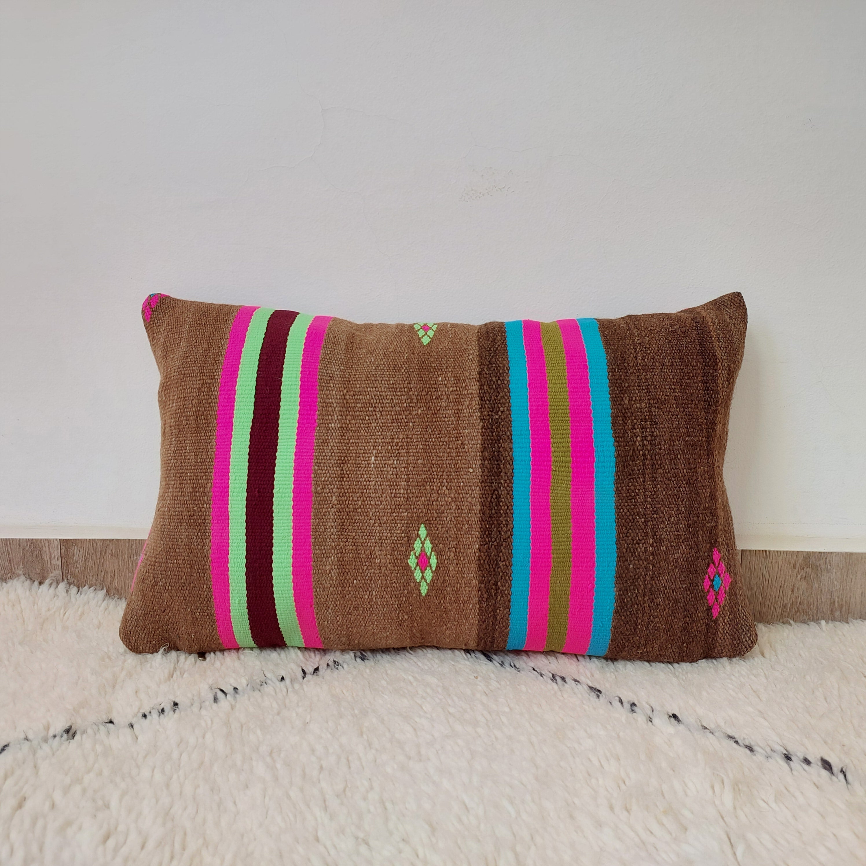 Set of 3 Vintage Boujaad Kilim Lumbar Pillow Covers 38x60 cm | Handwoven Brown Wool MoroccanBazzArts